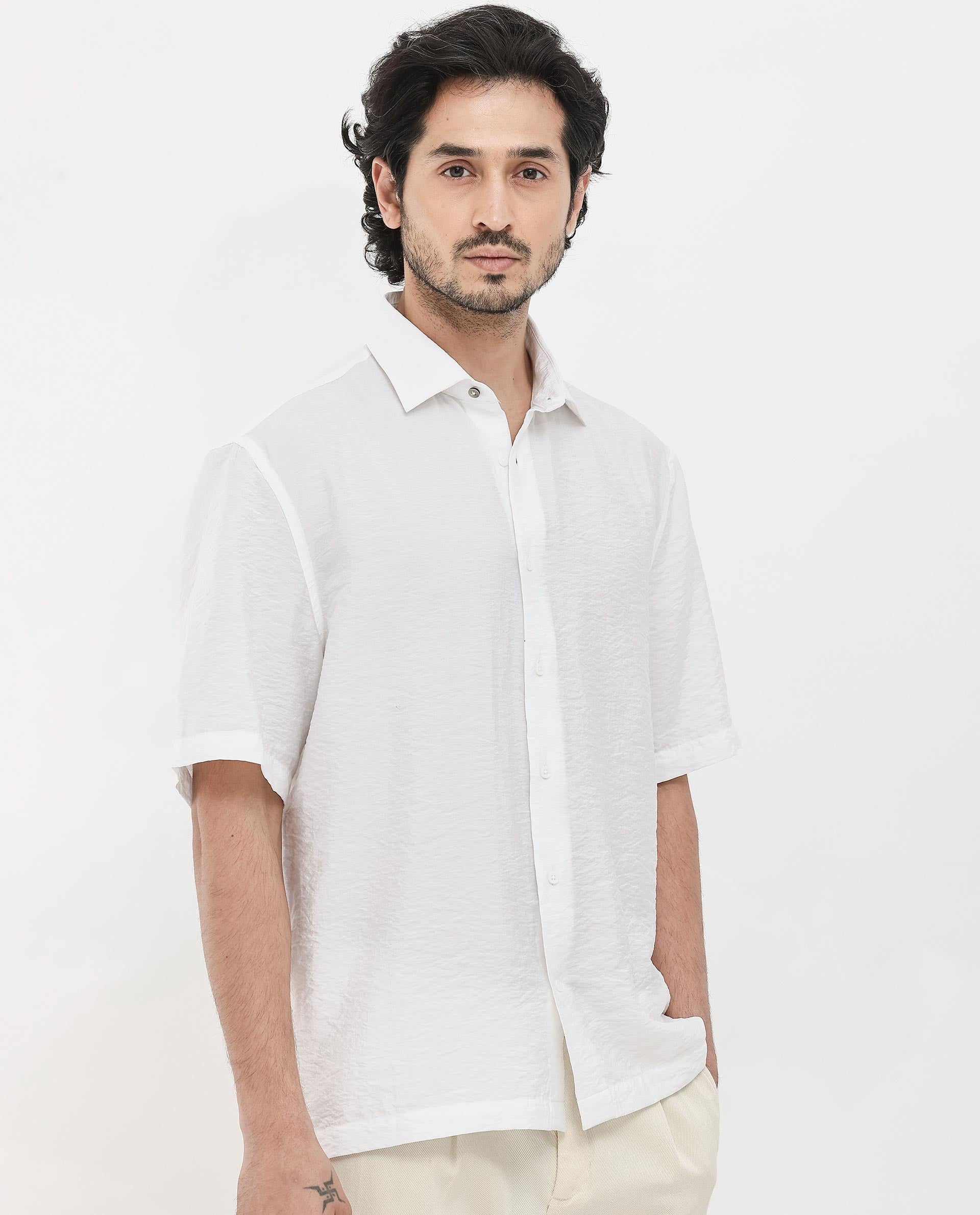 Rare Rabbit Men's Flo White Viscose Fabric Half Sleeves Boxy Fit Creased Effect Solid Shirt