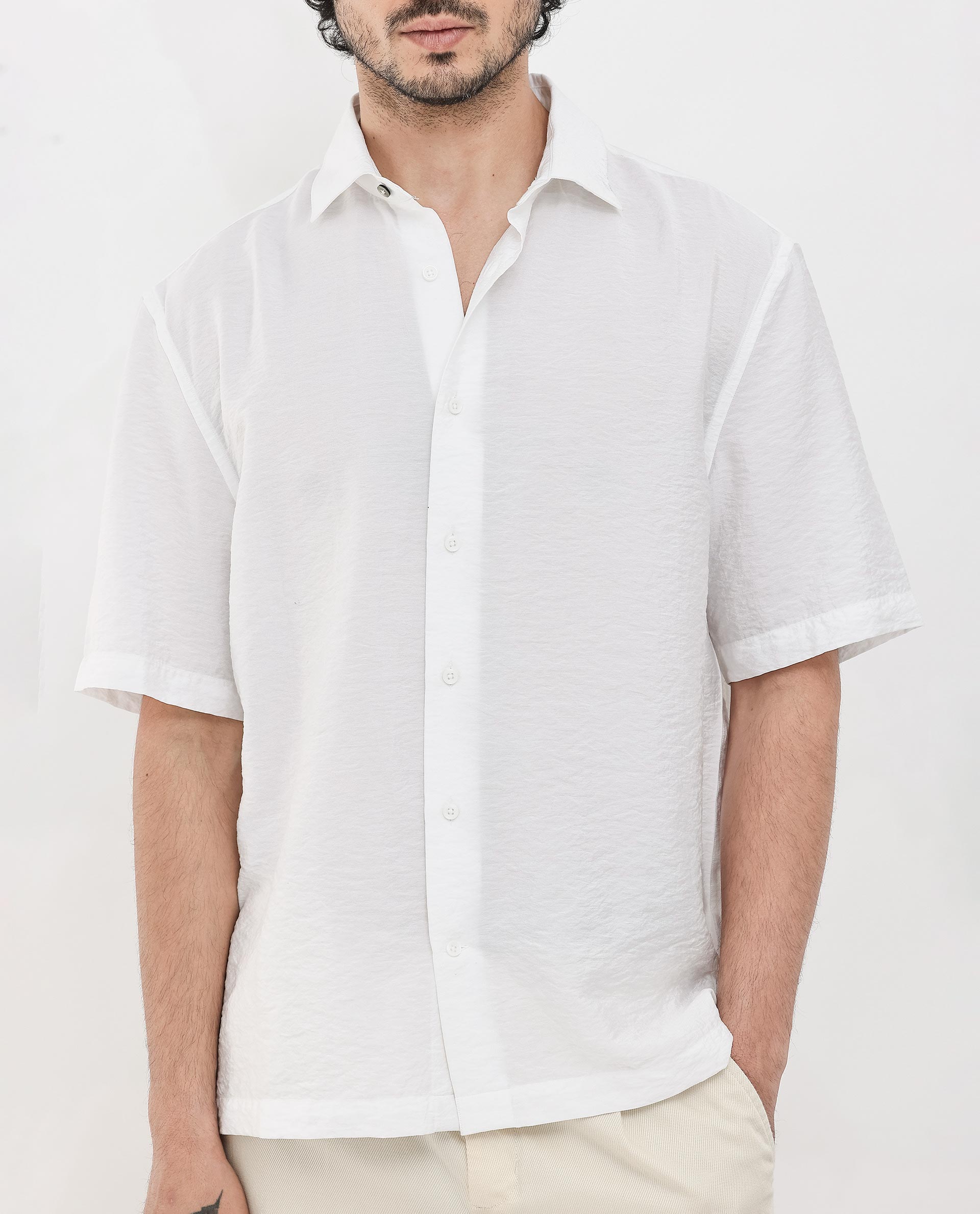 Rare Rabbit Men's Flo White Viscose Fabric Half Sleeves Boxy Fit Creased Effect Solid Shirt