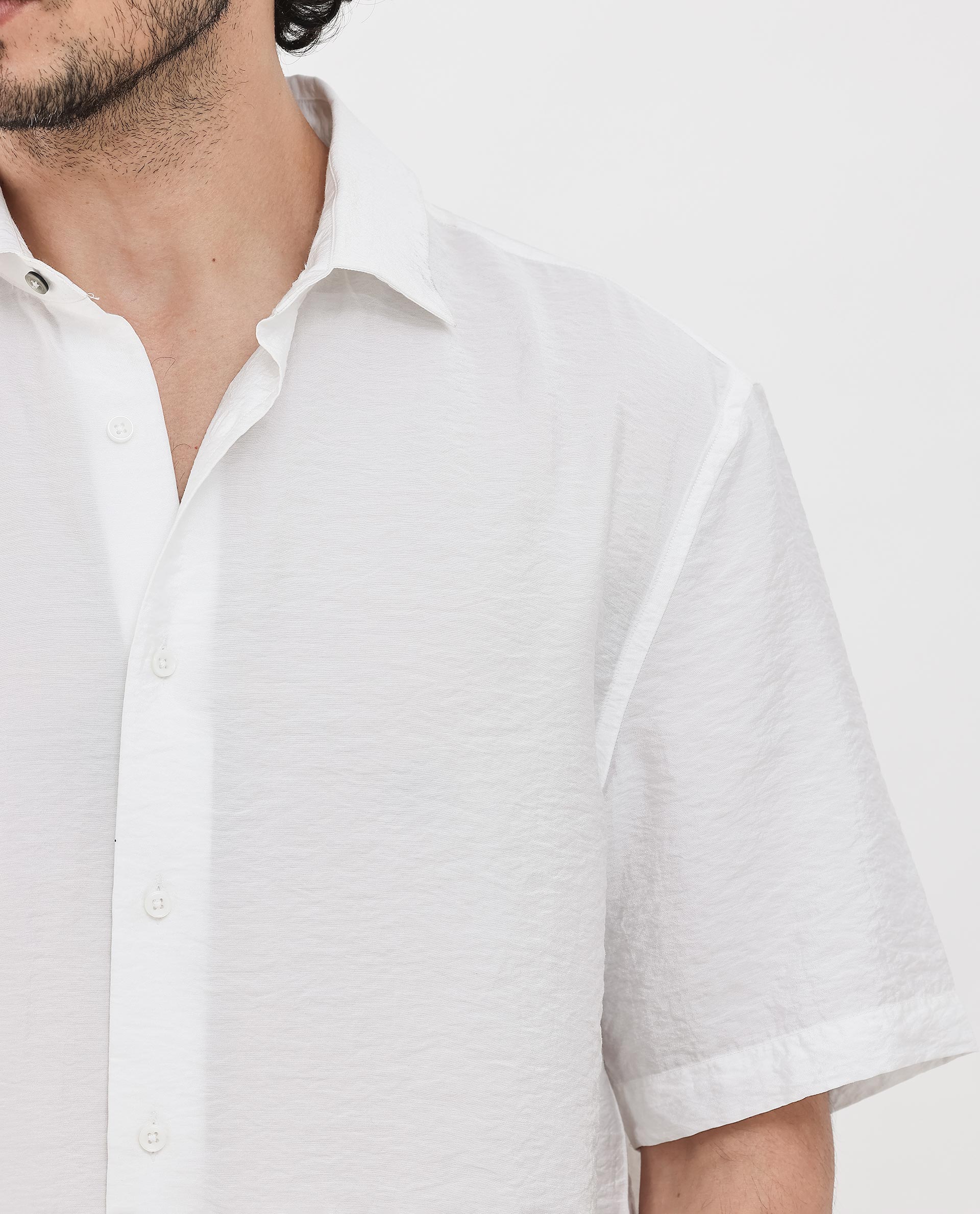 Rare Rabbit Men's Flo White Viscose Fabric Half Sleeves Boxy Fit Creased Effect Solid Shirt