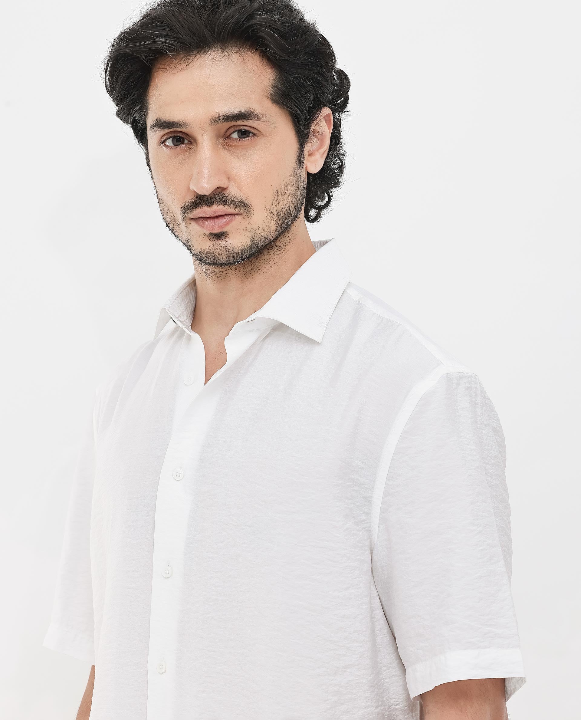 Rare Rabbit Men's Flo White Viscose Fabric Half Sleeves Boxy Fit Creased Effect Solid Shirt