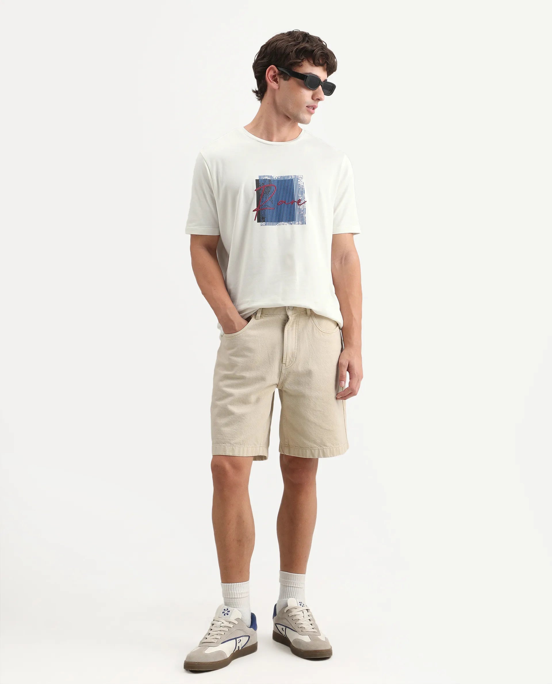 Rare Rabbit Men's Florem Off White Cotton Blend Regular Fit Half Sleeves Graphic PrintT-Shirt