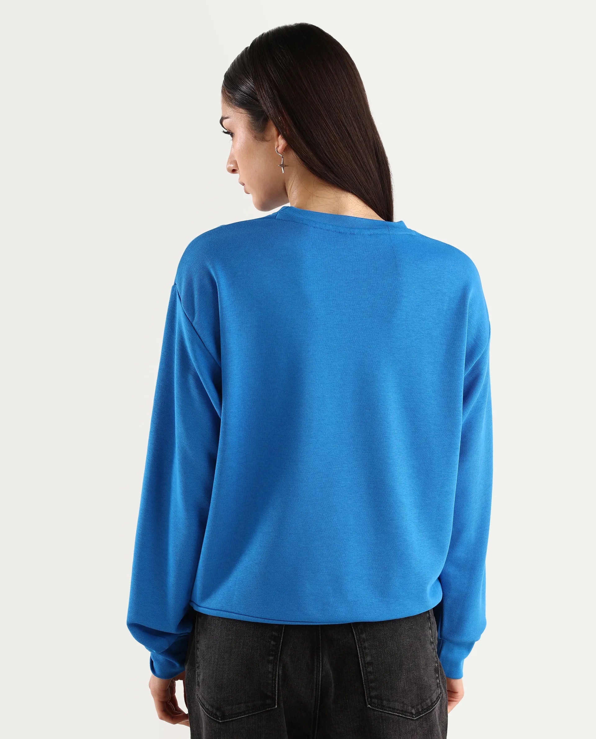 Rareism Women's Flowe Blue Cotton Blend Crew Neck Graphic Print Regular Fit Sweatshirt