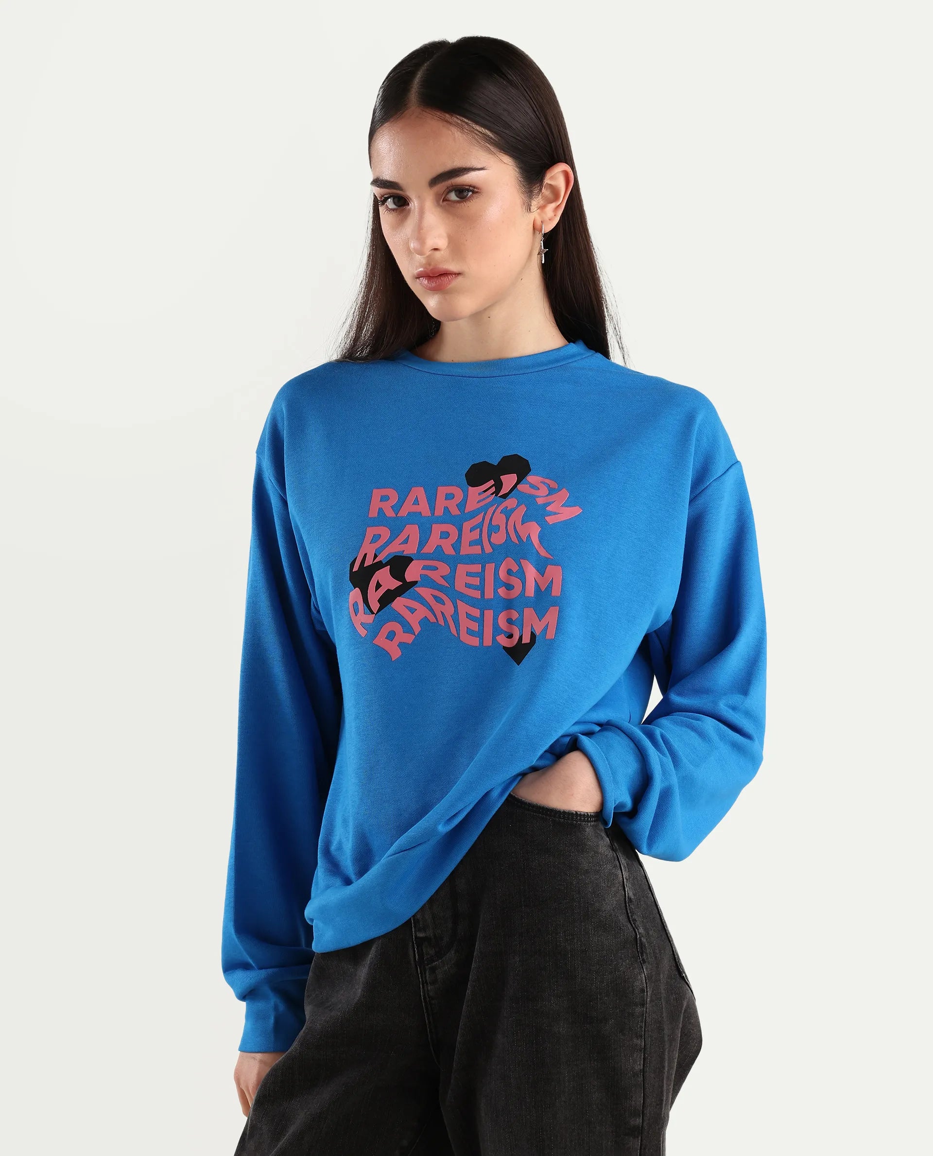 Rareism Women's Flowe Blue Cotton Blend Crew Neck Graphic Print Regular Fit Sweatshirt