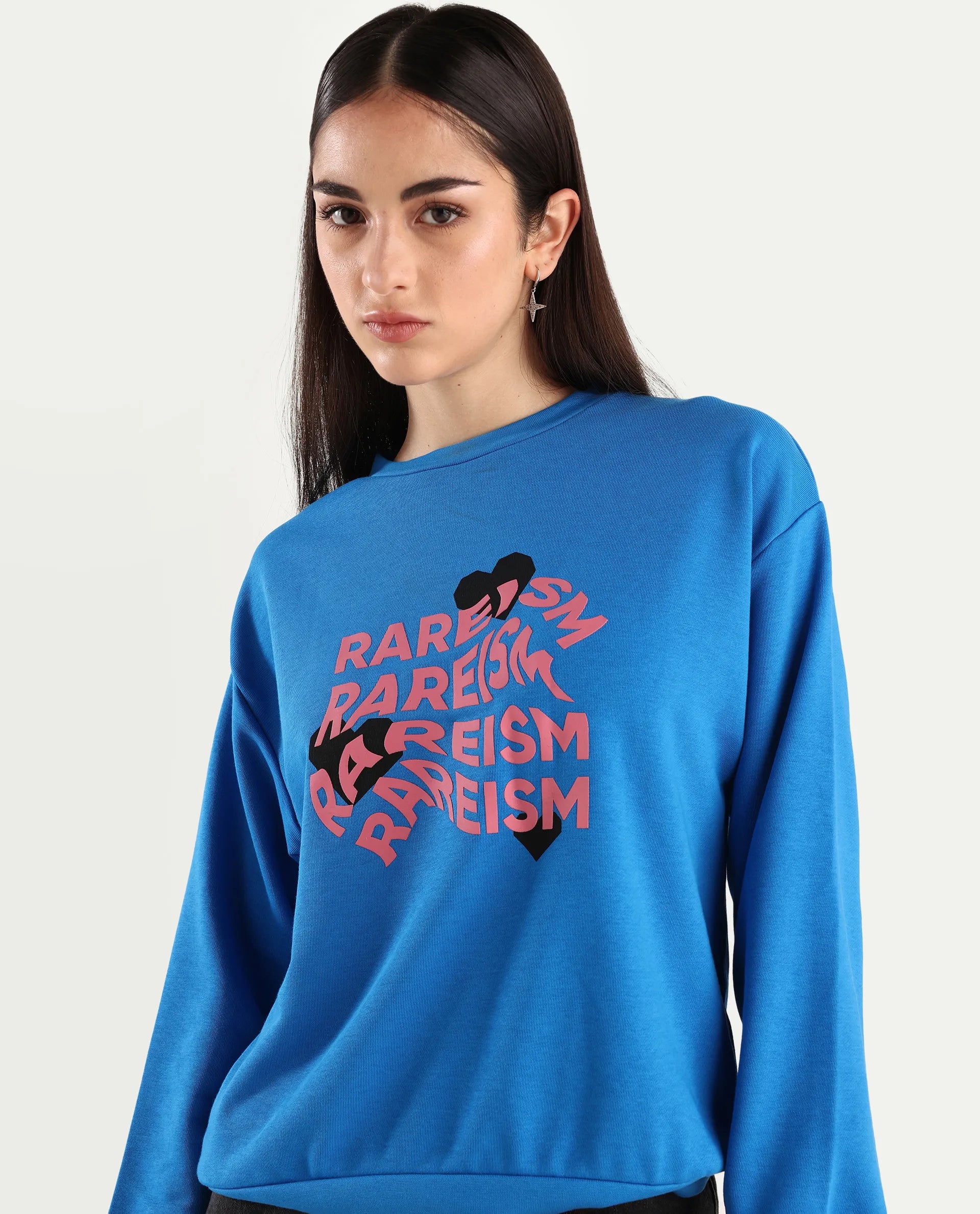 Rareism Women's Flowe Blue Cotton Blend Crew Neck Graphic Print Regular Fit Sweatshirt