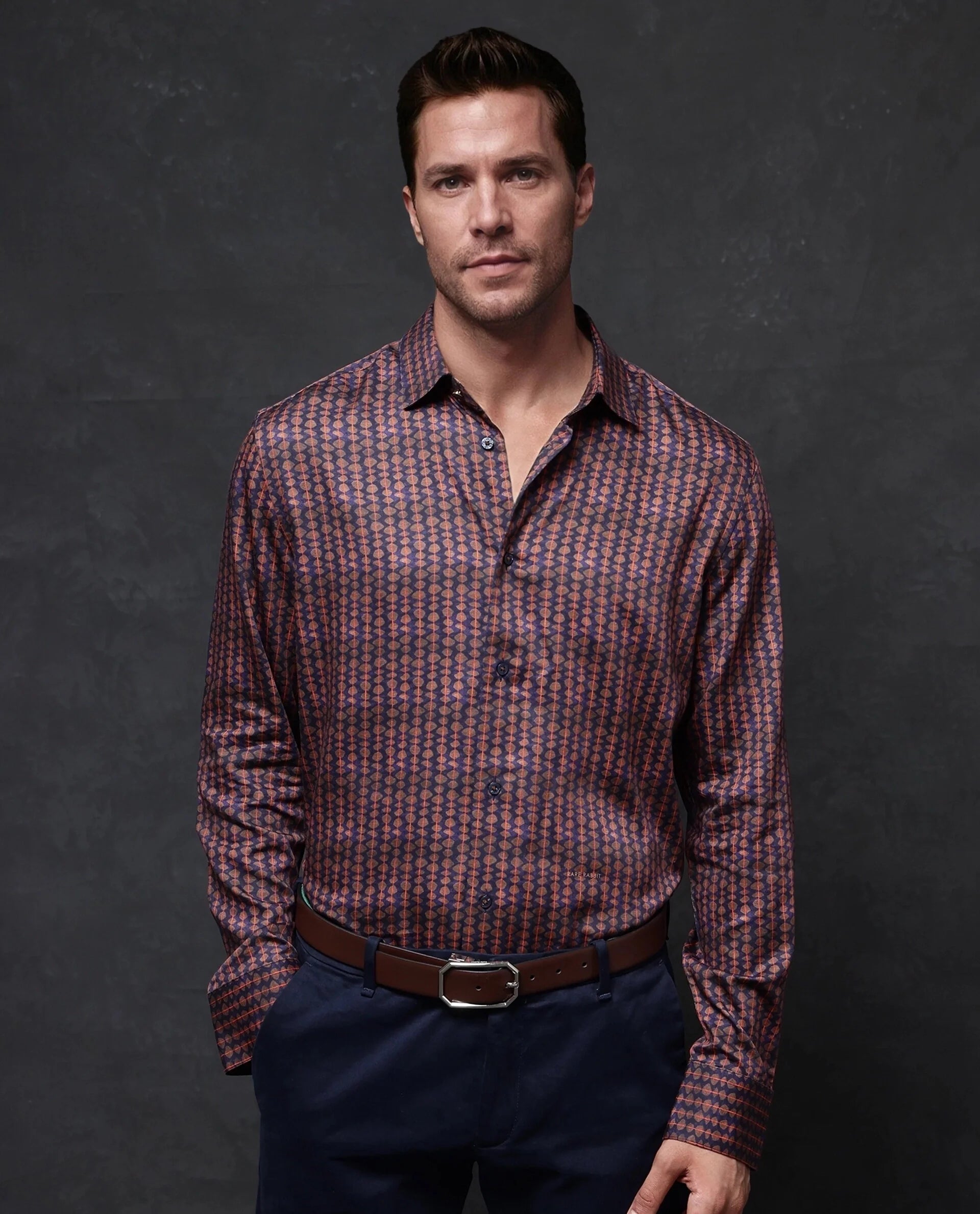 Rare Rabbit Men Flux Dark Purple Full Sleeve Button Closure Regular Fit Geometric Print Shirt