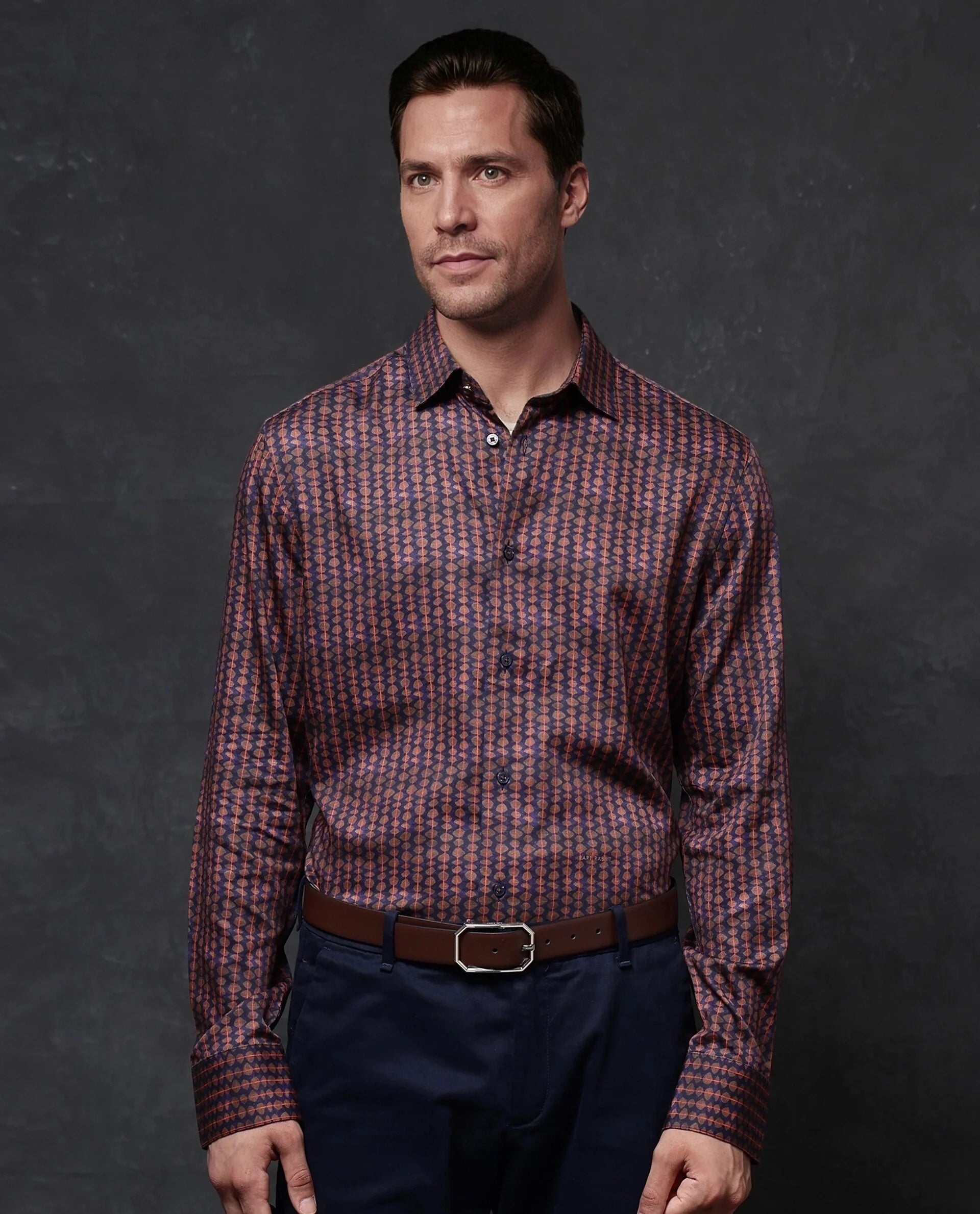 Rare Rabbit Men Flux Dark Purple Full Sleeve Button Closure Regular Fit Geometric Print Shirt