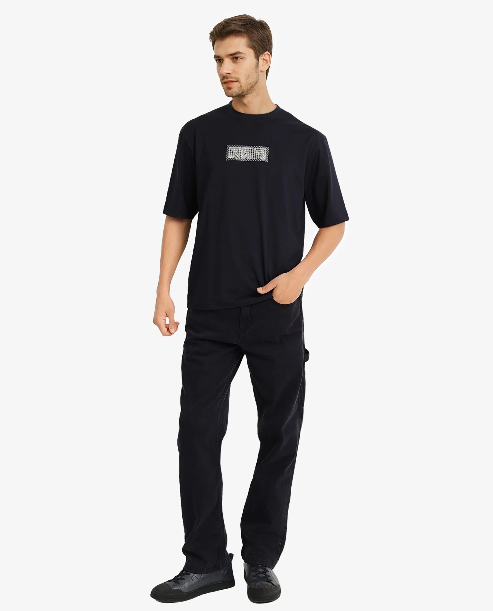 Rare Rabbit Men Fobo Navy Cotton Polyester Lycra Fabric Short Sleeve Crew Neck Oversized Fit Monogram Chest Print T-Shirt