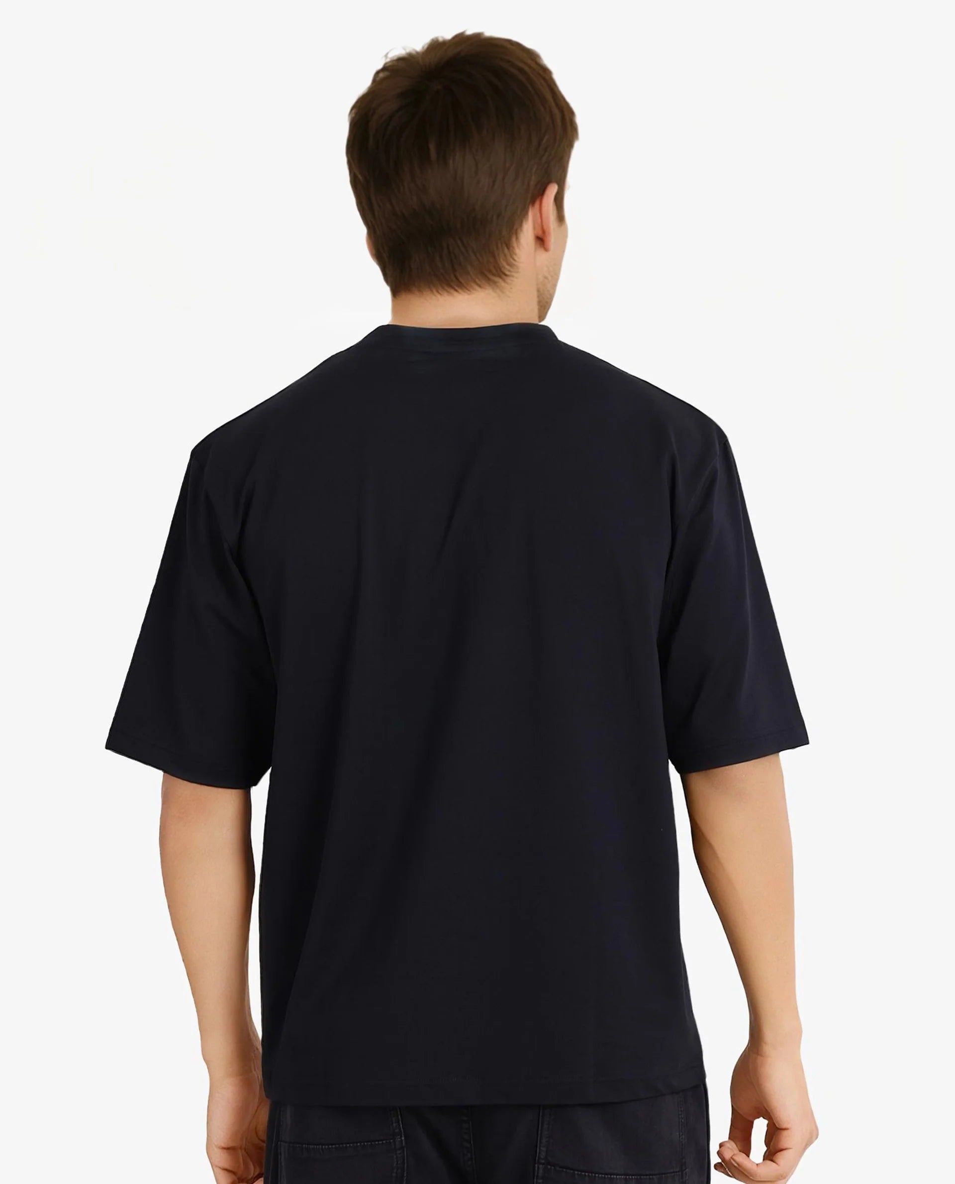 Rare Rabbit Men Fobo Navy Cotton Polyester Lycra Fabric Short Sleeve Crew Neck Oversized Fit Monogram Chest Print T-Shirt