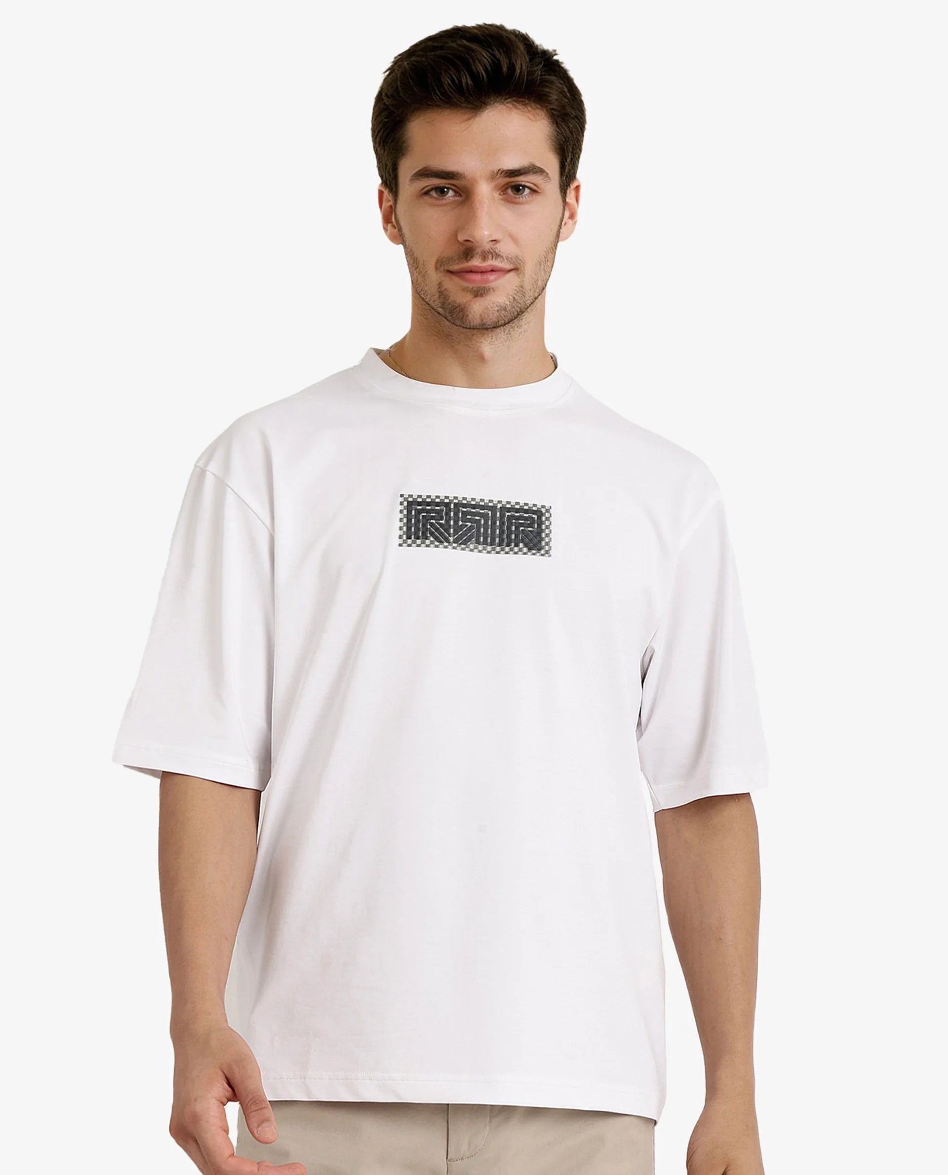 Rare Rabbit Men Fobo White Cotton Polyester Lycra Fabric Short Sleeve Crew Neck Oversized Fit Monogram Chest Print T-Shirt