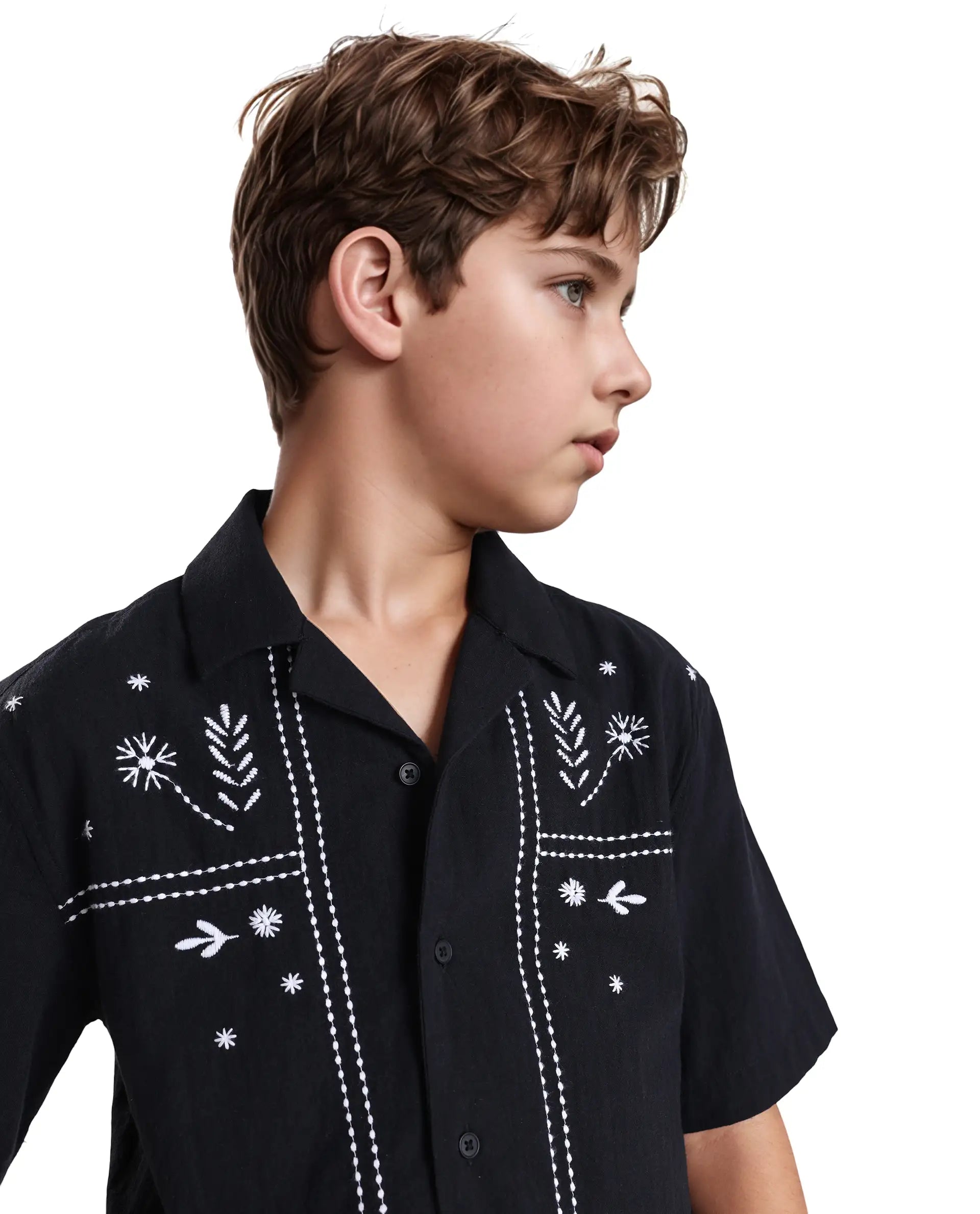 Rare Ones Kids Foke Black Cotton Embroidered Button Closure Regular Fit Shirt