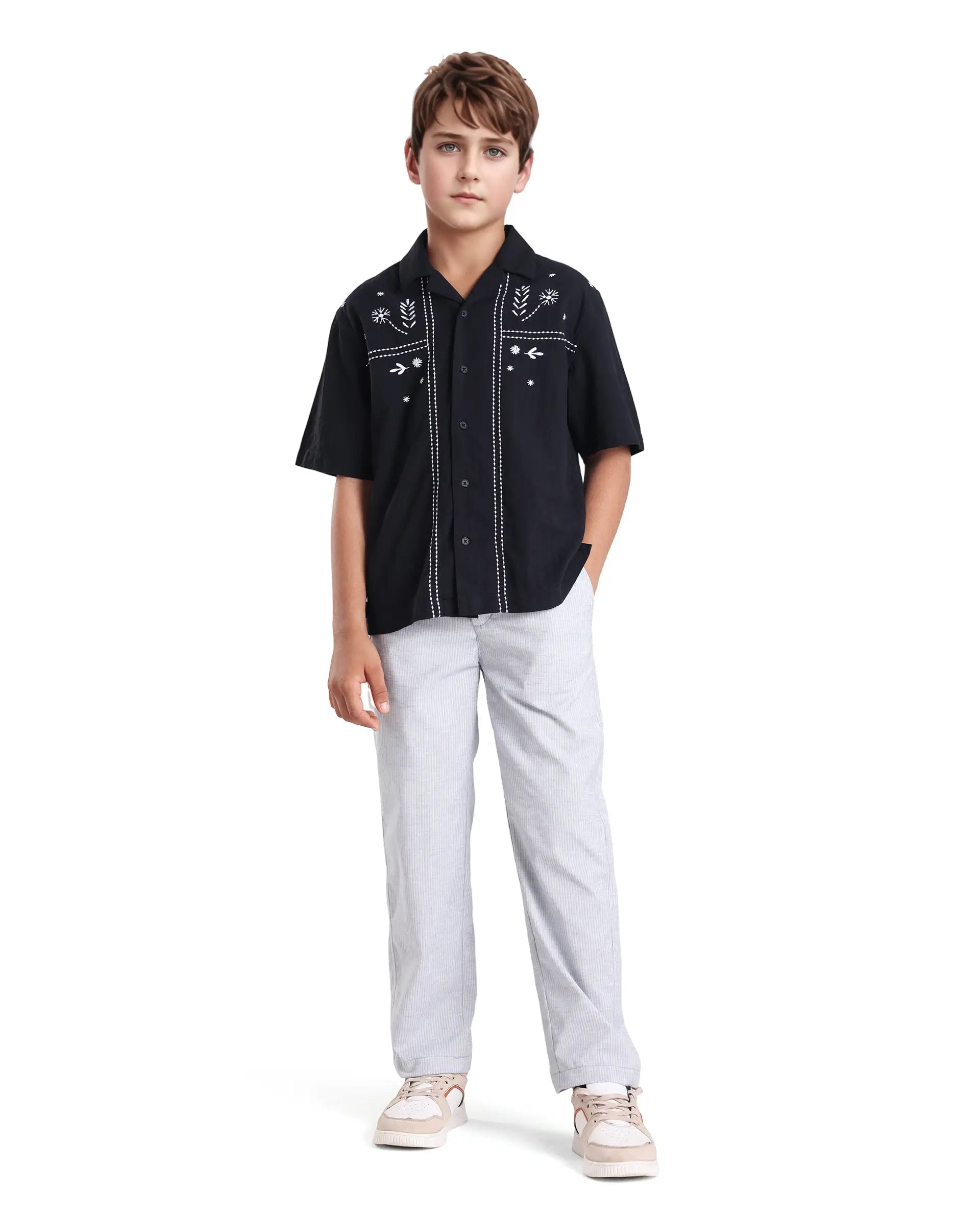 Rare Ones Kids Foke Black Cotton Embroidered Button Closure Regular Fit Shirt