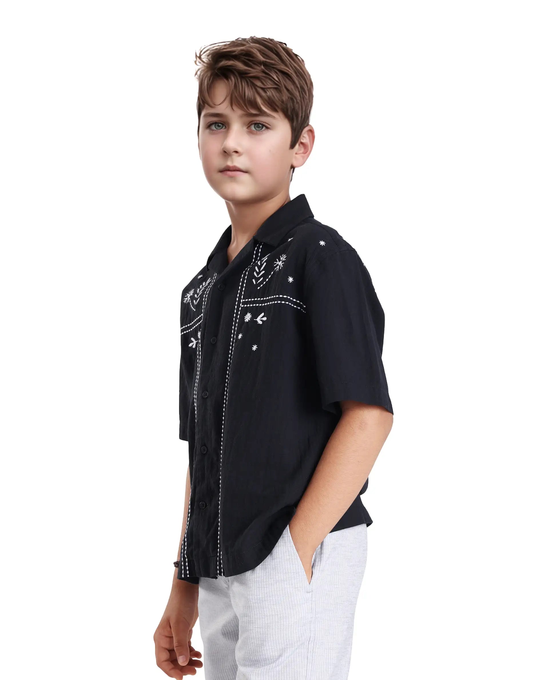 Rare Ones Kids Foke Black Cotton Embroidered Button Closure Regular Fit Shirt