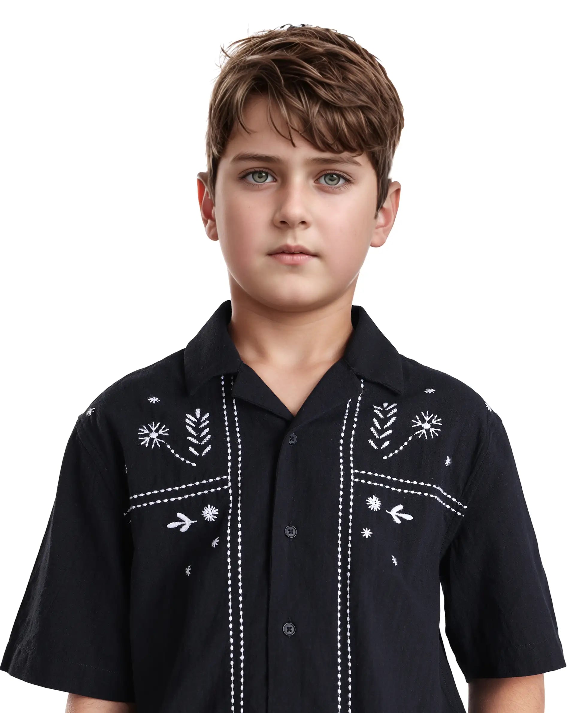 Rare Ones Kids Foke Black Cotton Embroidered Button Closure Regular Fit Shirt