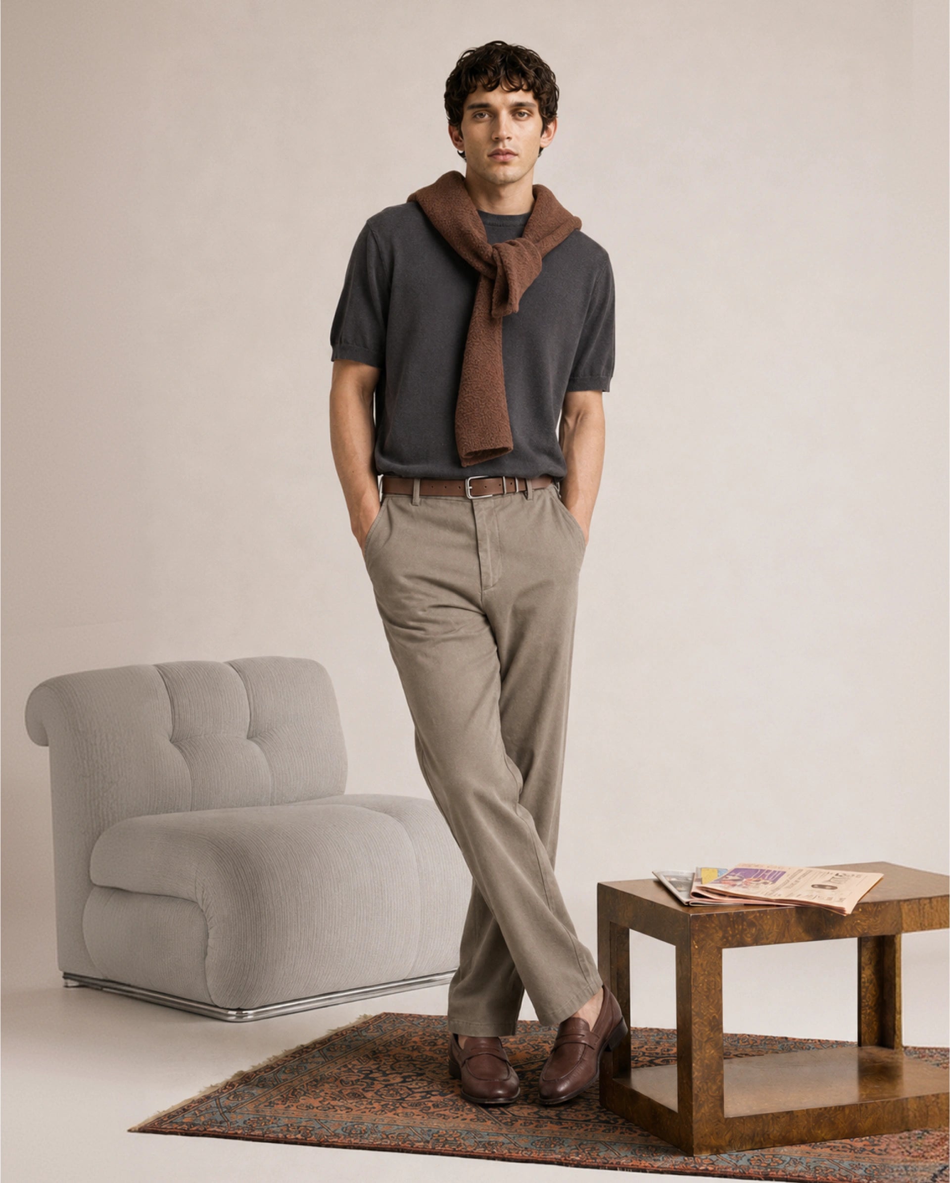 Rare Rabbit Men's Forge Dark Beige Linen Blend Fabric Regular Fit Plain Trouser