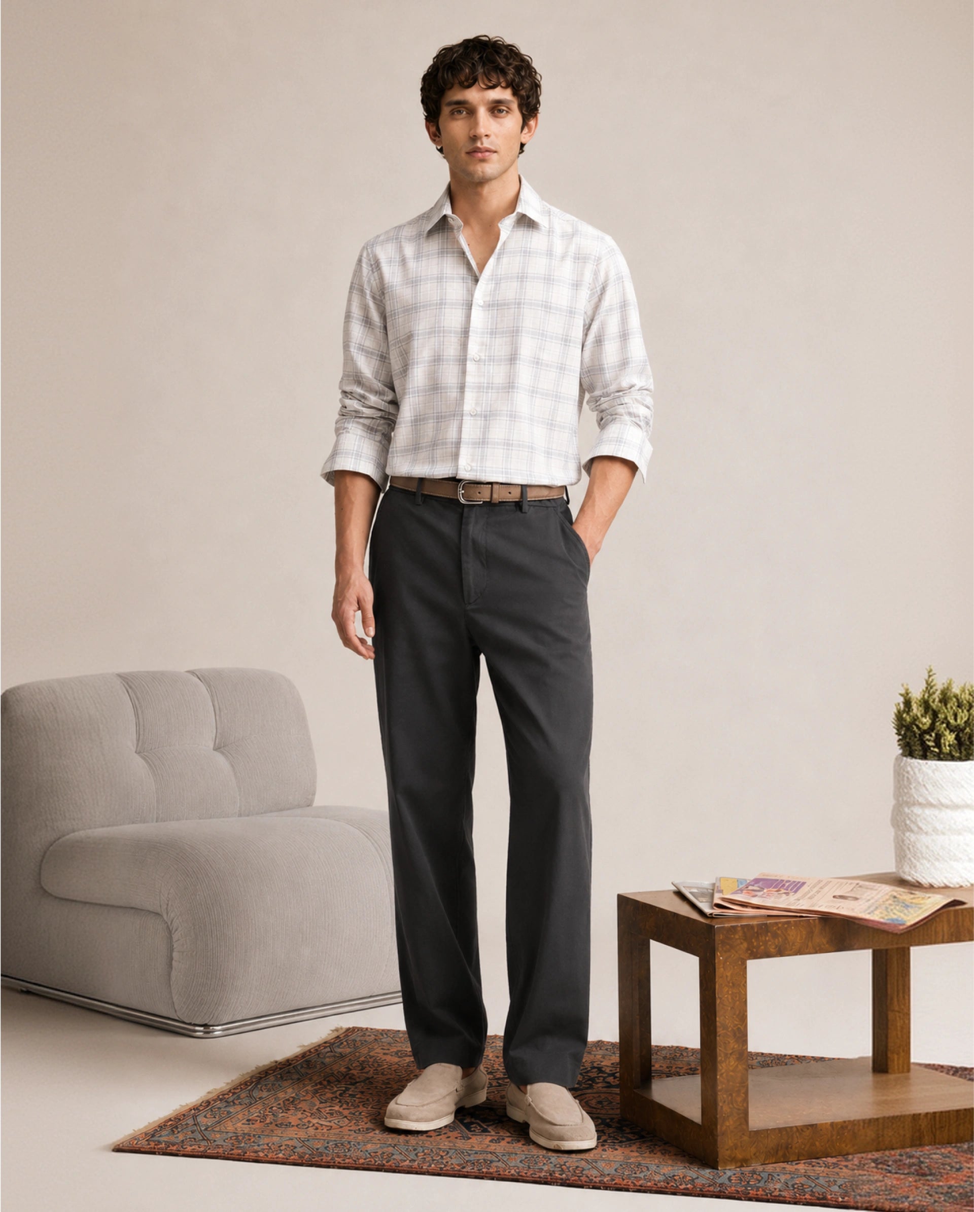 Rare Rabbit Men's Forge Dark Grey Linen Blend Fabric Regular Fit Plain Trouser