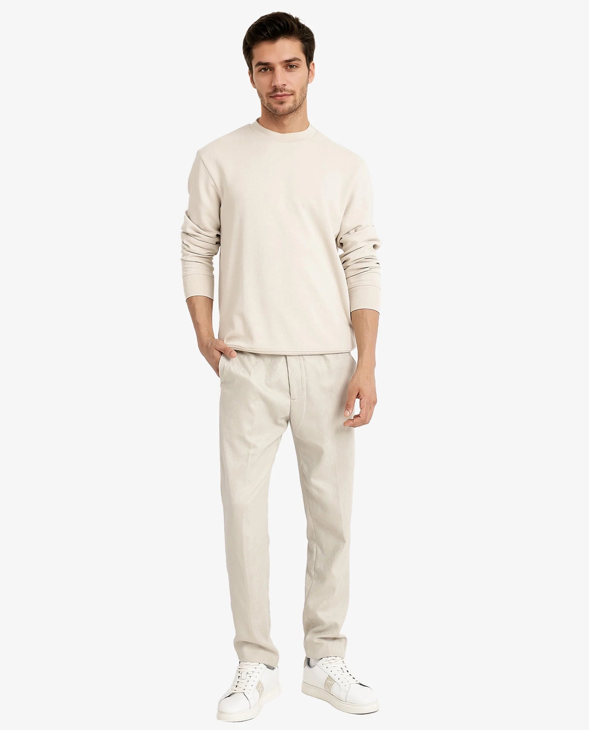 Rare Rabbit Men Foy Off White Cotton Fabric Full Sleeve Crew Neck Regular Fit Cavalry Twill Plain Sweatshirt