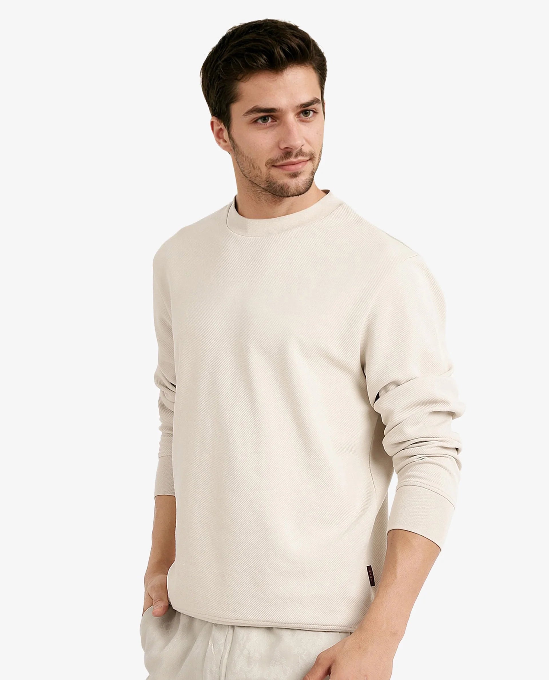 Rare Rabbit Men Foy Off White Cotton Fabric Full Sleeve Crew Neck Regular Fit Cavalry Twill Plain Sweatshirt