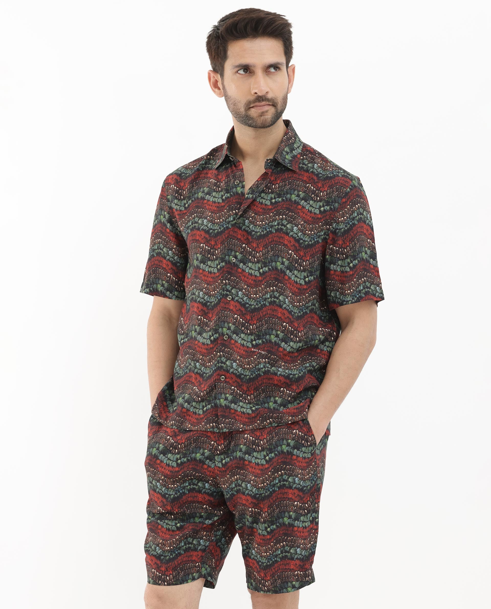 Rare Rabbit Men's Fraks Brown Viscose Fabric Half Sleeves Boxy Fit Tropical Print Shirt