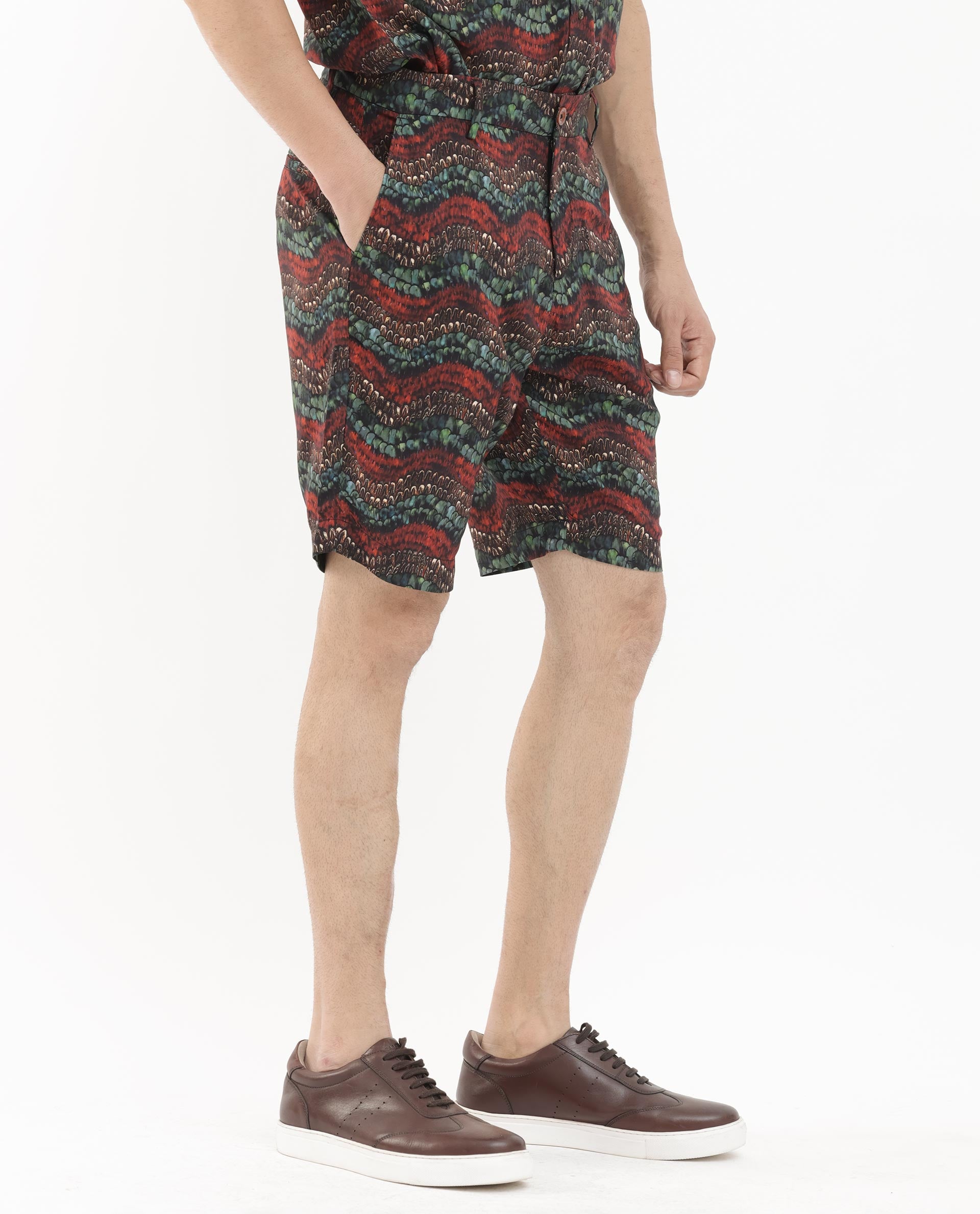 Rare Rabbit Men's Frakin Brown Viscose Fabric Knee Length Tropical Print Shorts