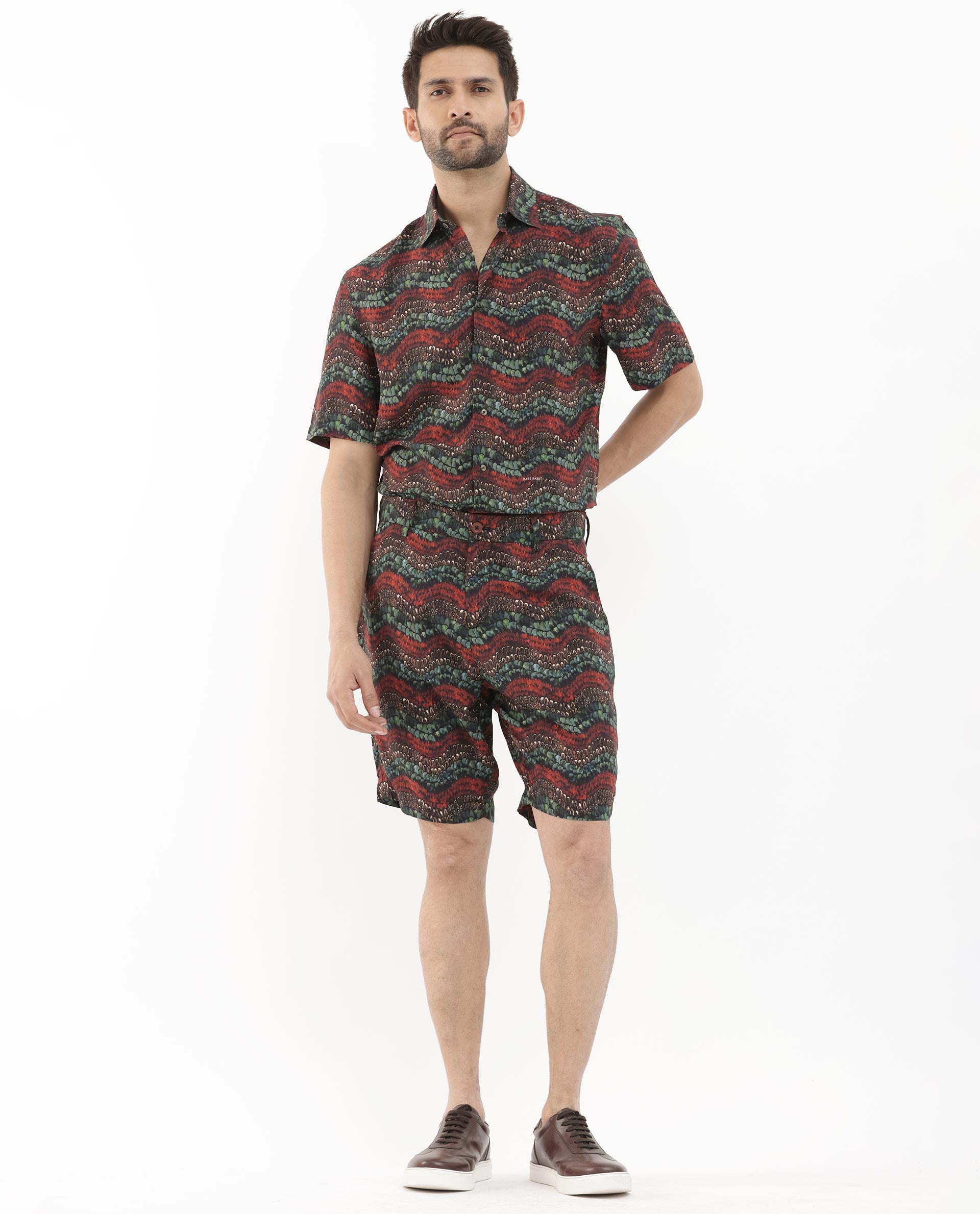 Rare Rabbit Men's Frakin Brown Viscose Fabric Knee Length Tropical Print Shorts