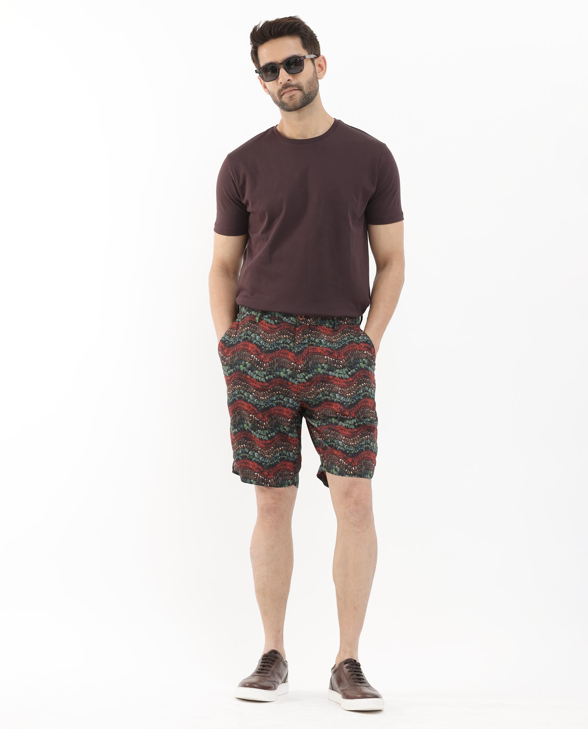 Rare Rabbit Men's Frakin Brown Viscose Fabric Knee Length Tropical Print Shorts