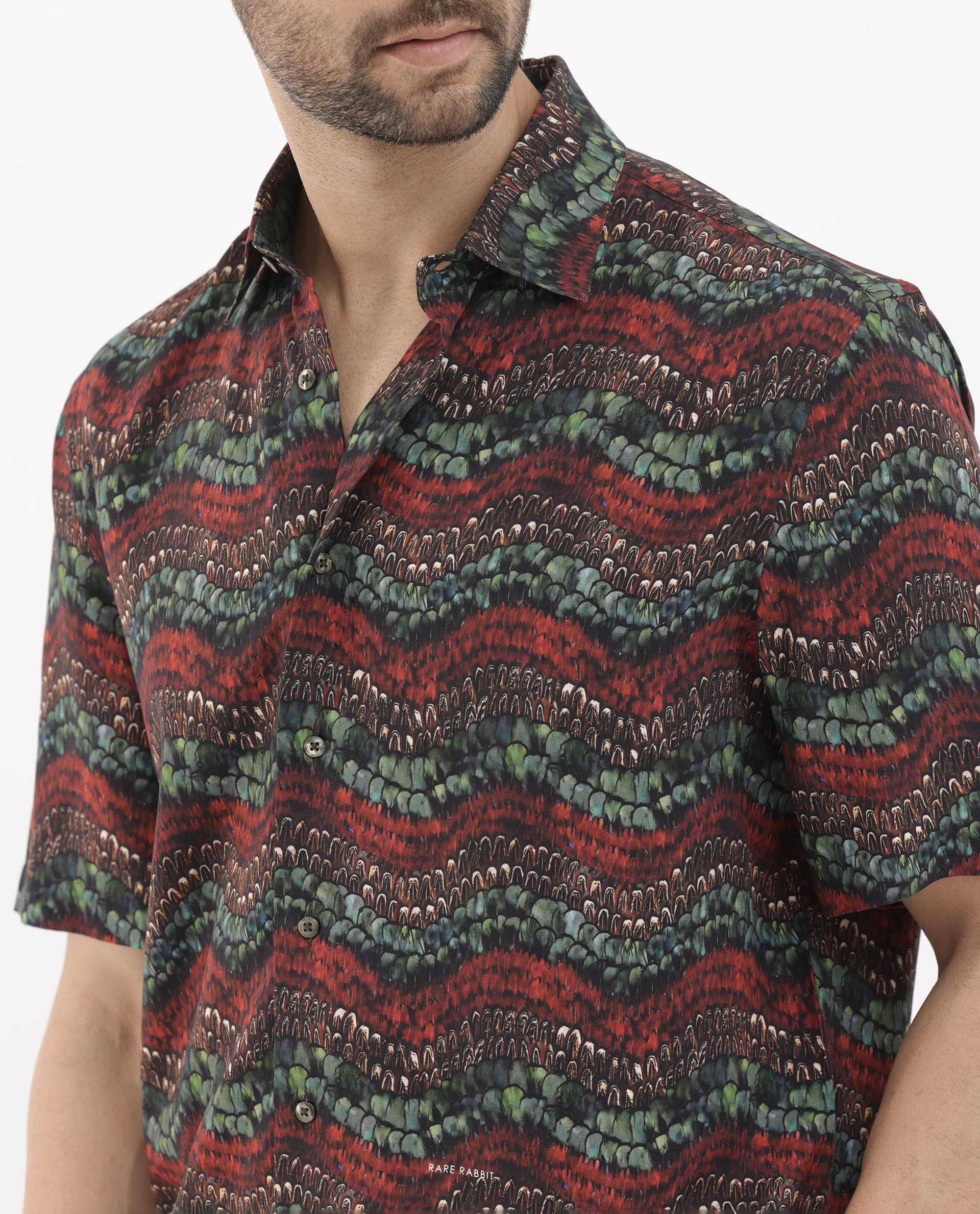 Rare Rabbit Men's Fraks Brown Viscose Fabric Half Sleeves Boxy Fit Tropical Print Shirt