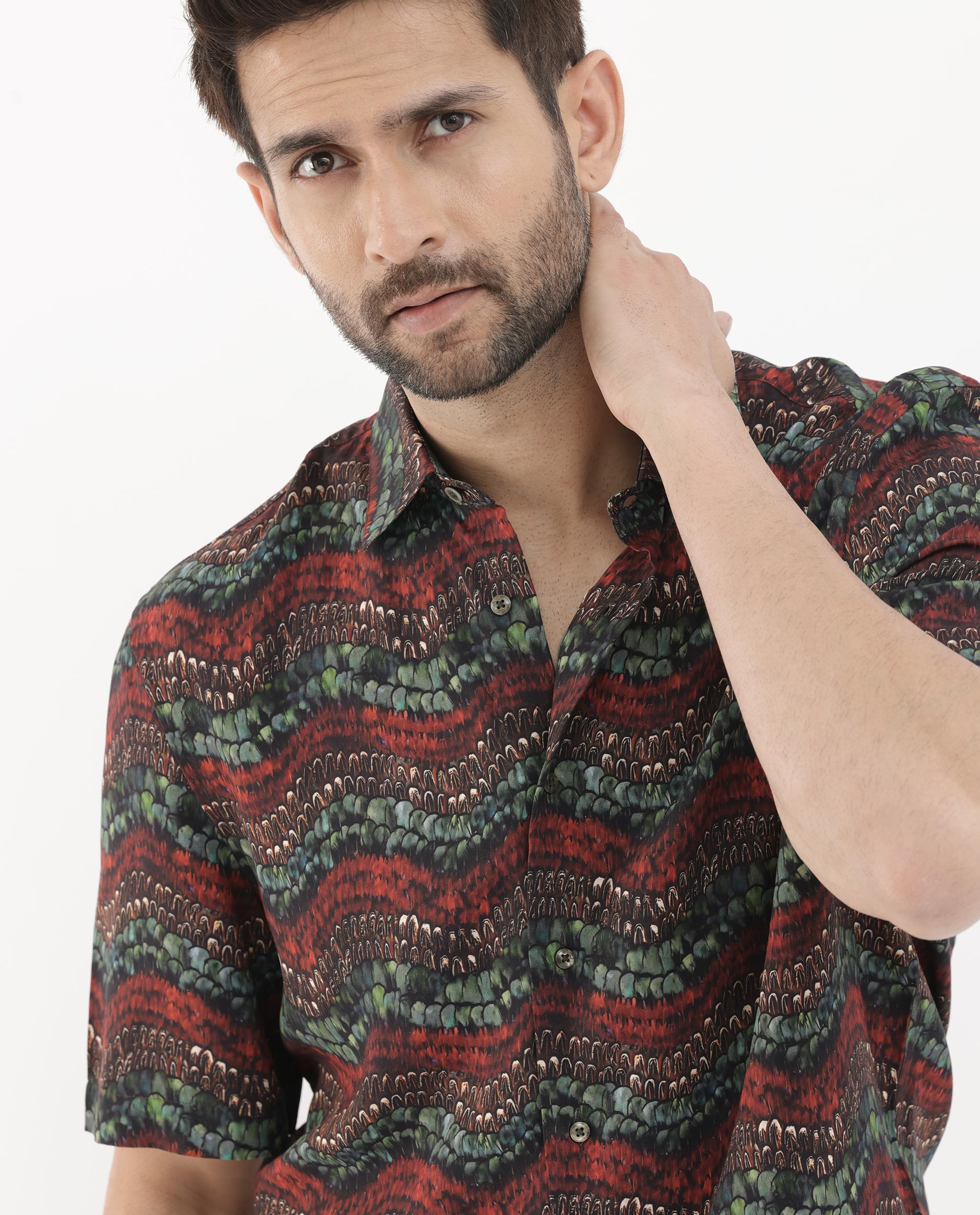 Rare Rabbit Men's Fraks Brown Viscose Fabric Half Sleeves Boxy Fit Tropical Print Shirt