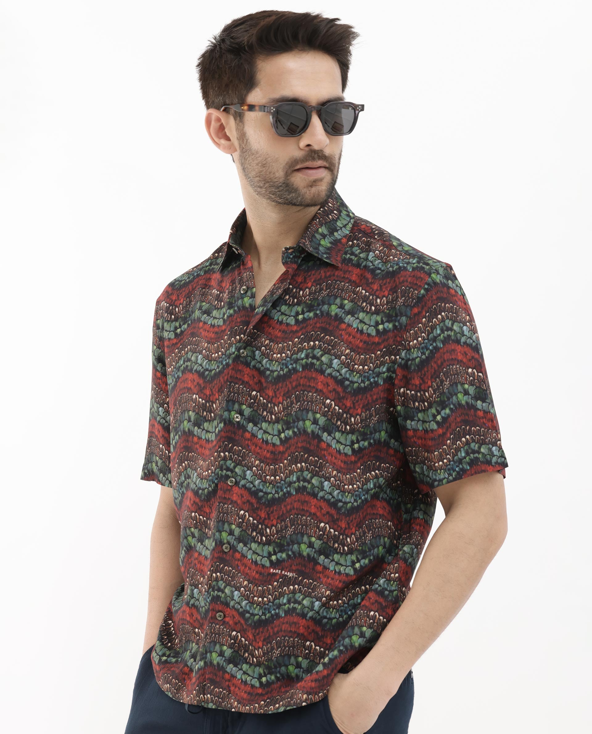 Rare Rabbit Men's Fraks Brown Viscose Fabric Half Sleeves Boxy Fit Tropical Print Shirt