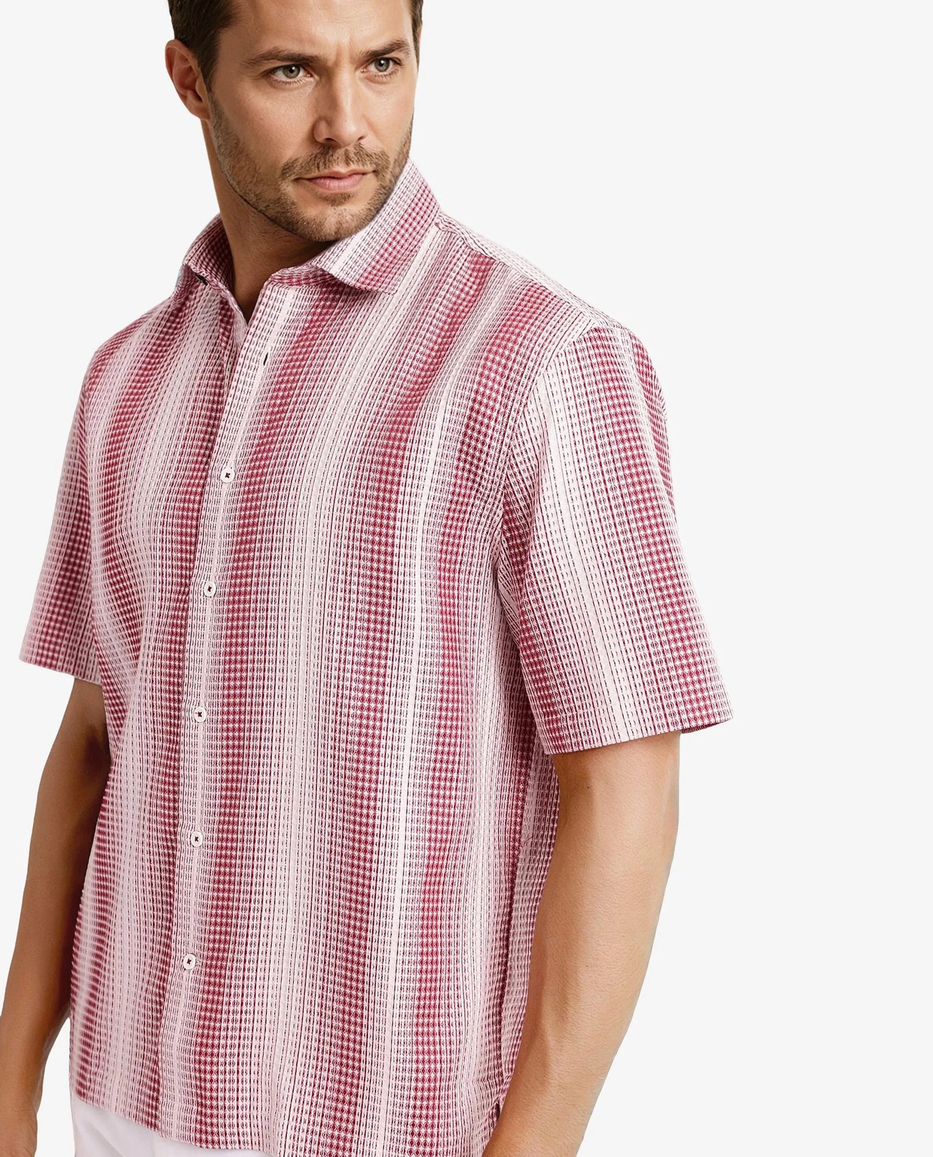 Rare Rabbit Men's Frawla Red Cotton Fabric Short Sleeve Boxy Fit Self Stripe Textured Shirt