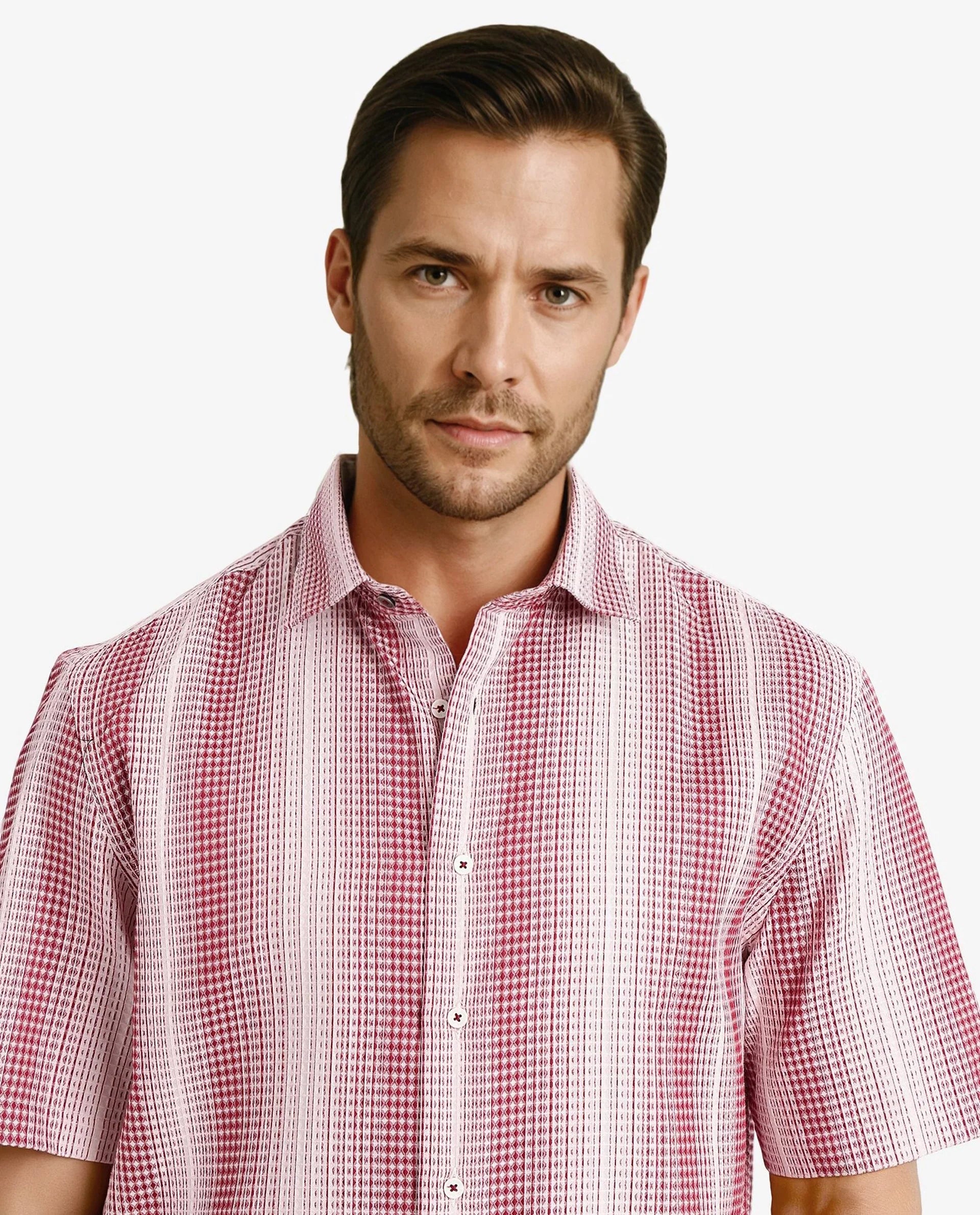 Rare Rabbit Men's Frawla Red Cotton Fabric Short Sleeve Boxy Fit Self Stripe Textured Shirt