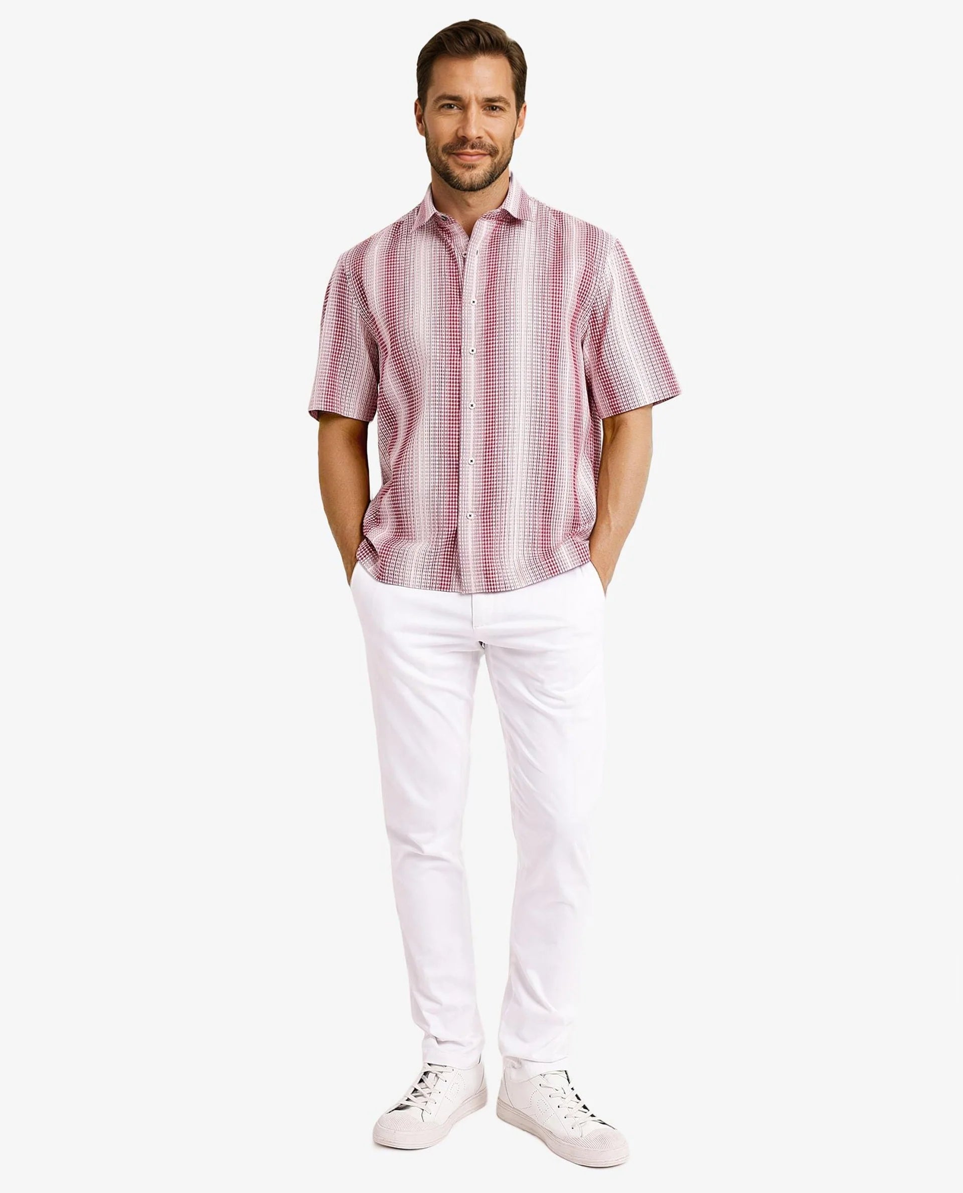 Rare Rabbit Men's Frawla Red Cotton Fabric Short Sleeve Boxy Fit Self Stripe Textured Shirt