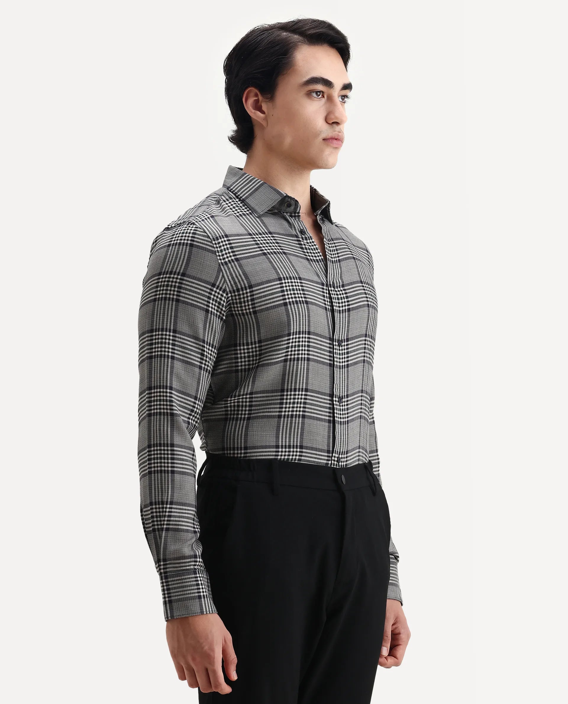 Rare Rabbit Men's Fredo-2 Grey Tencel Checked Print Regular Fit Full Sleeve Collared Shirt