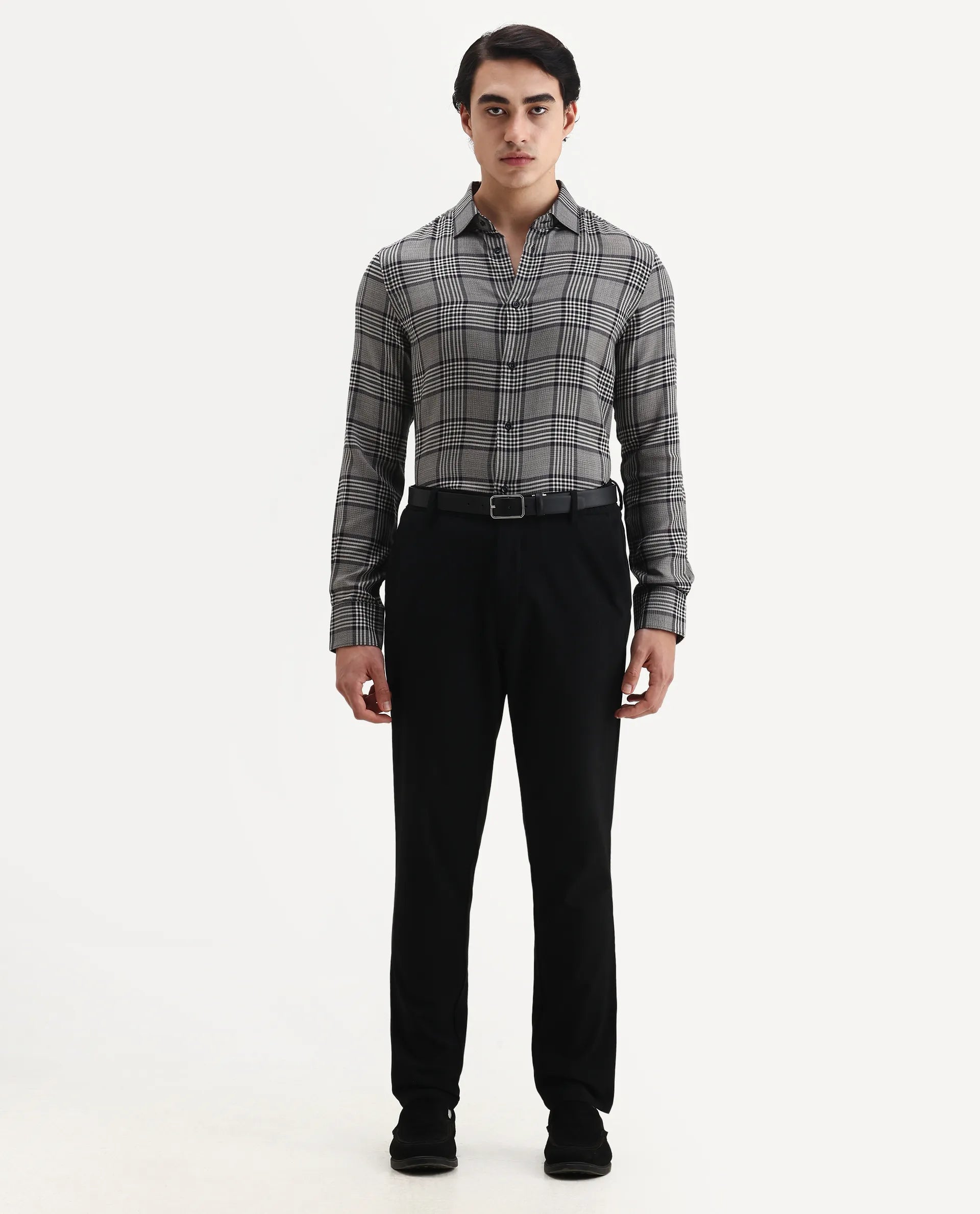 Rare Rabbit Men's Fredo-2 Grey Tencel Checked Print Regular Fit Full Sleeve Collared Shirt