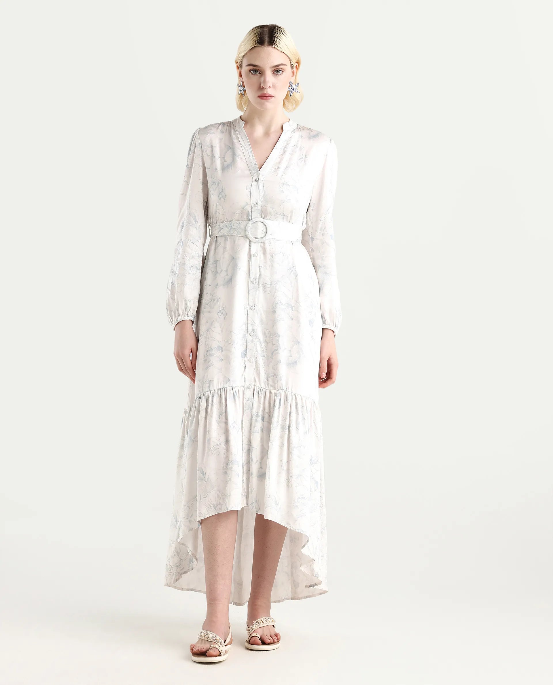 Rareism Women's Freno Off White Cotton Blend V-Neck Floral Print Maxi Straight Fit Dress