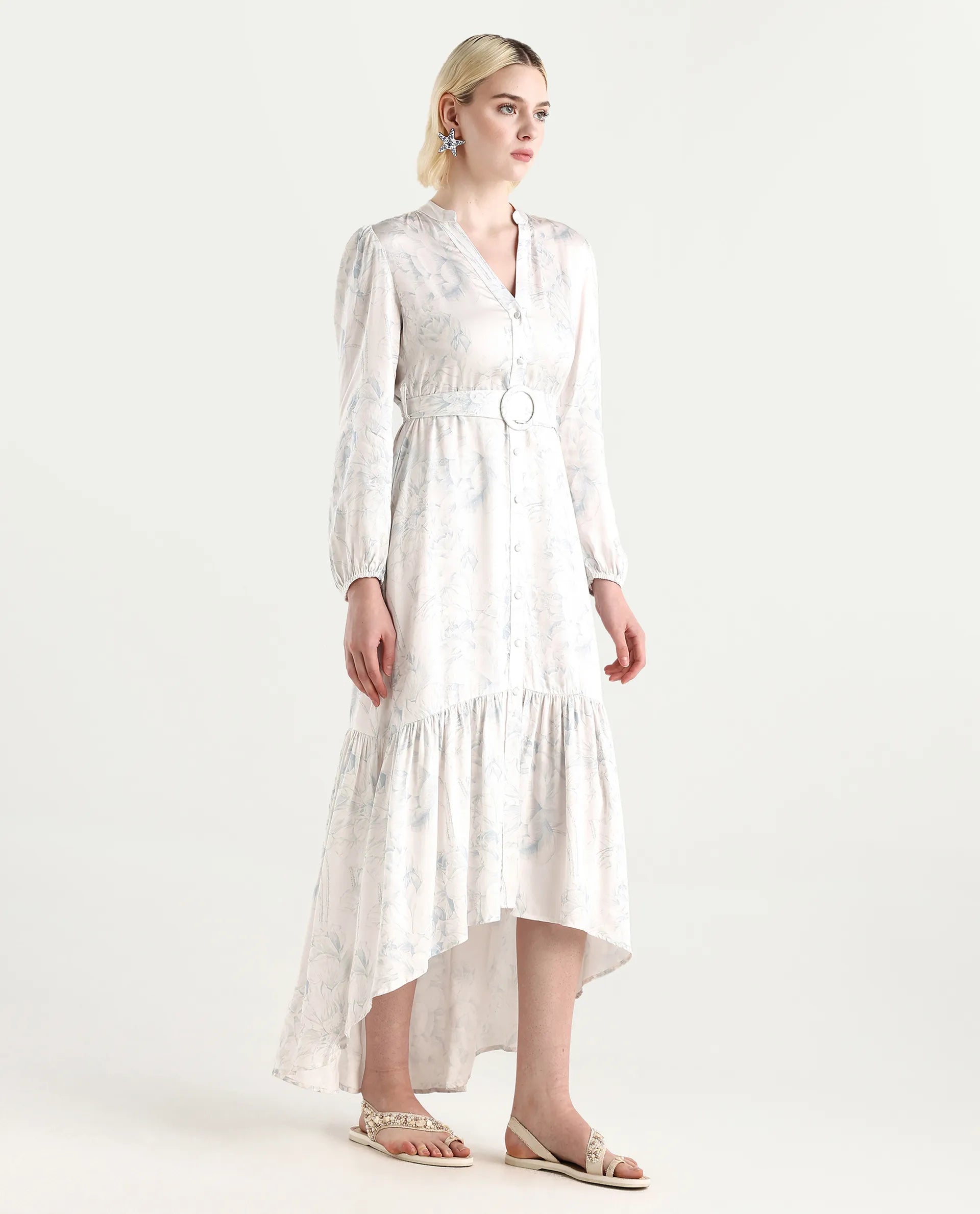 Rareism Women's Freno Off White Cotton Blend V-Neck Floral Print Maxi Straight Fit Dress