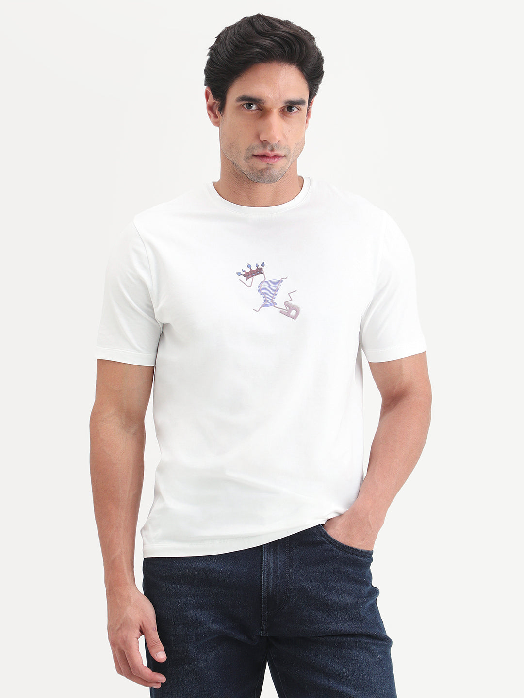 Rare Rabbit Men's Friend-2 Off White Cotton Blend Half Sleeve Crew Neck Regular Fit Graphic Print T-Shirt