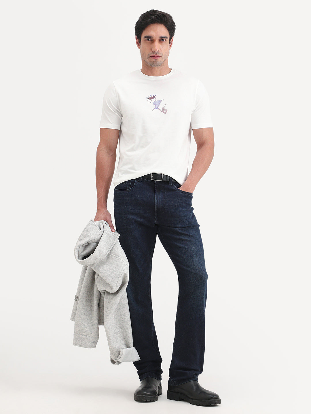 Rare Rabbit Men's Friend-2 Off White Cotton Blend Half Sleeve Crew Neck Regular Fit Graphic Print T-Shirt