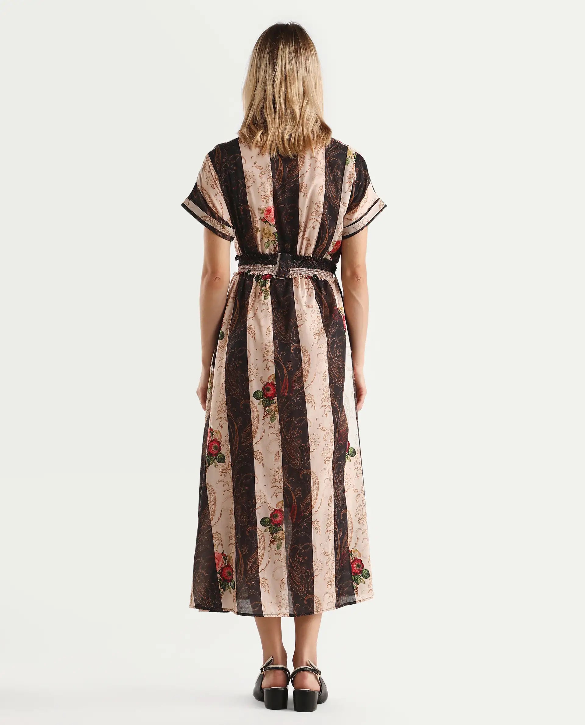 Rareism Women's Frost Olive Cotton V-Neck Paisley Print Extended Sleeves Midi A-Line Dress