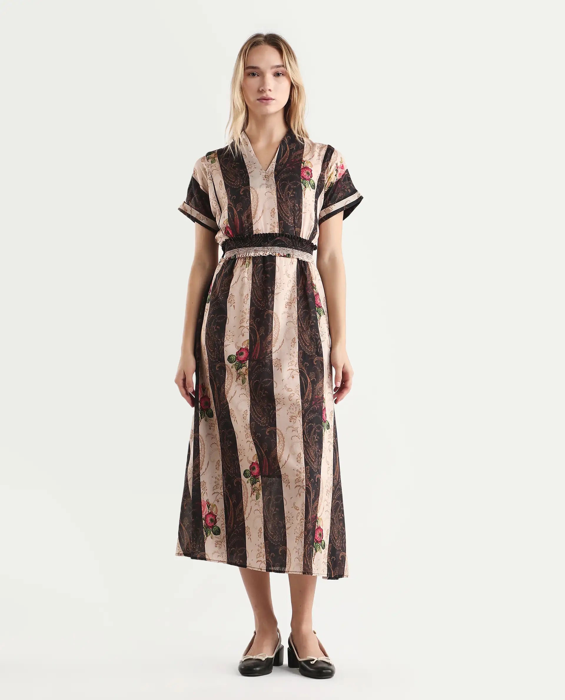 Rareism Women's Frost Olive Cotton V-Neck Paisley Print Extended Sleeves Midi A-Line Dress