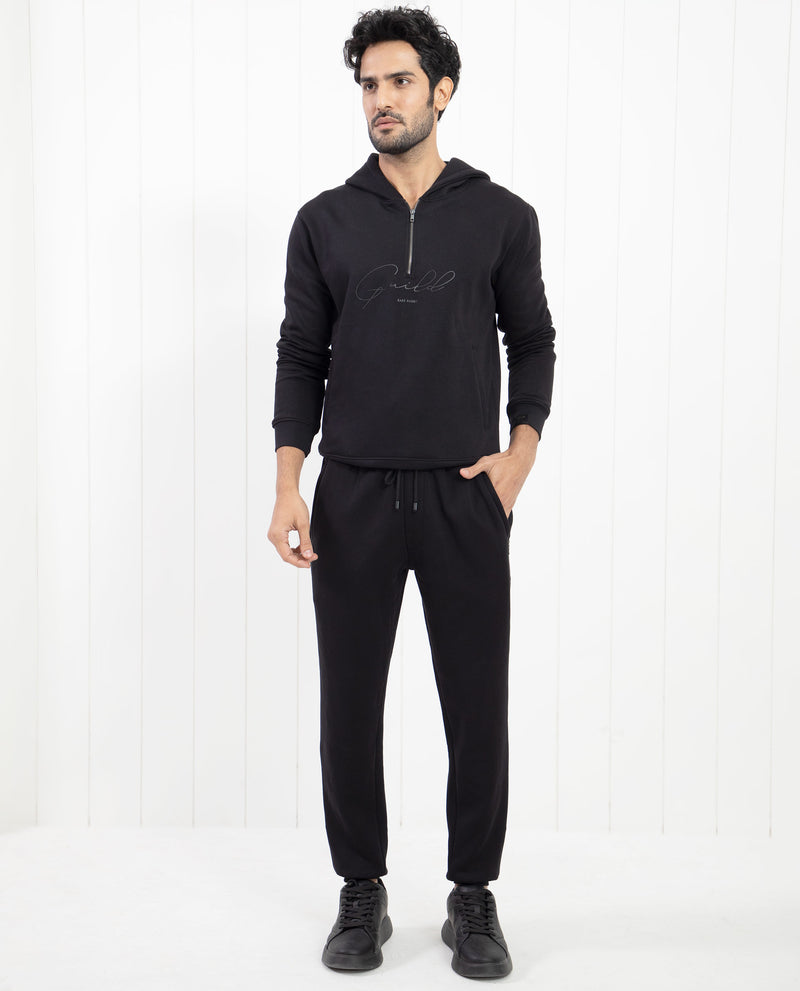RARE RABBIT MENS FULHAM BLACK TRACK PANT COTTON POLYESTER FABRIC MID RISE KNITTED DRAW STRING CLOSURE