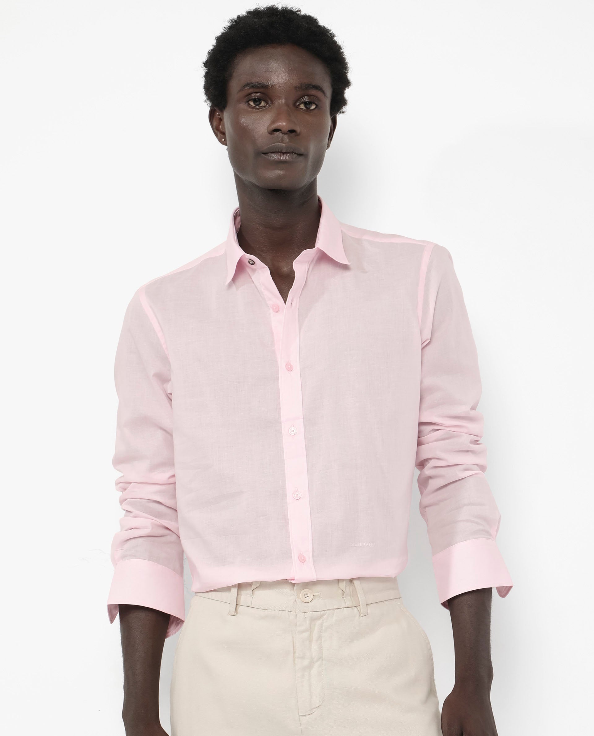 Rare Rabbit Men's Fullsleen Pastel Pink Cotton Fabric Full Sleeves Collared Neck Regular Fit Solid Shirt