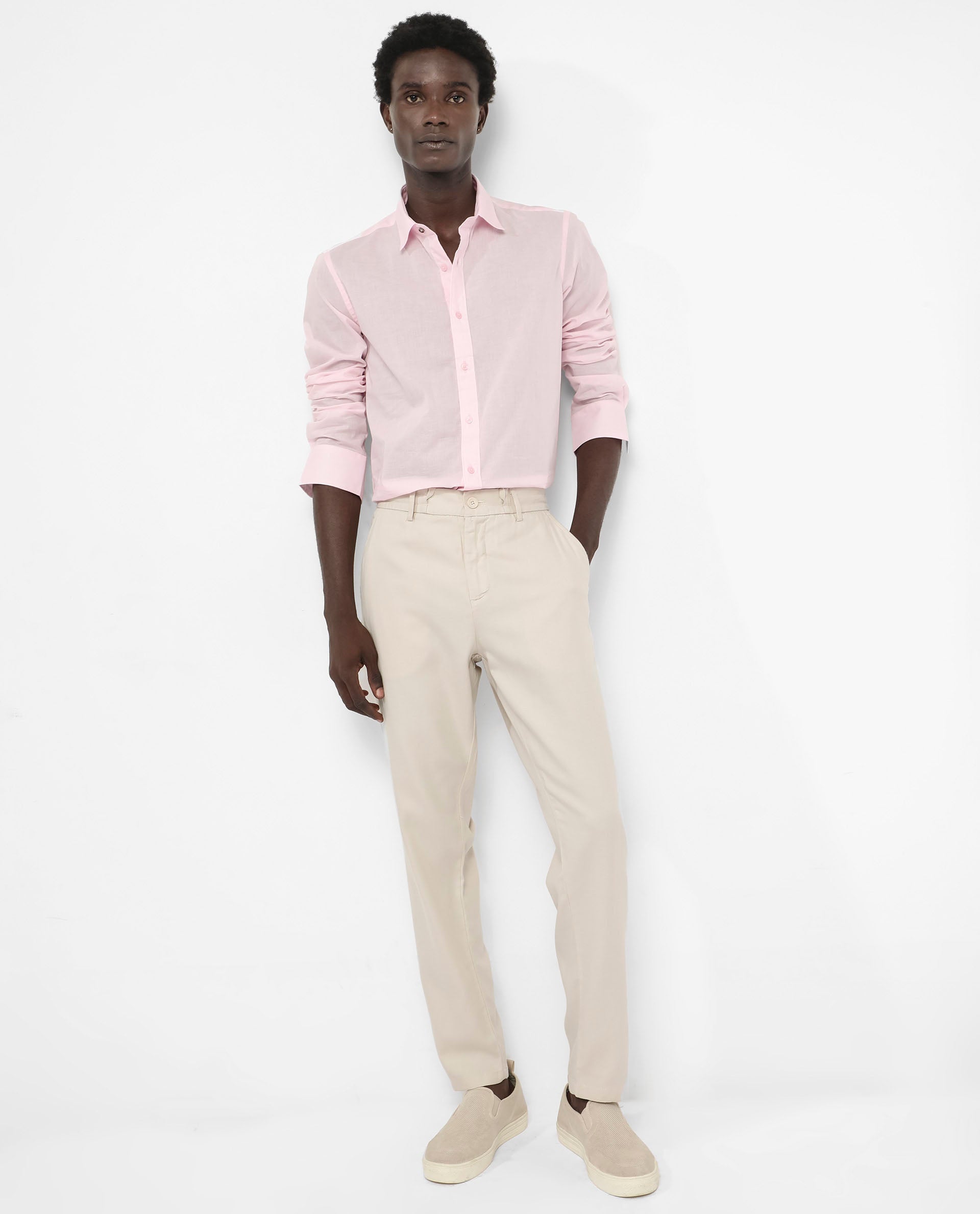 Rare Rabbit Men's Fullsleen Pastel Pink Cotton Fabric Full Sleeves Collared Neck Regular Fit Solid Shirt