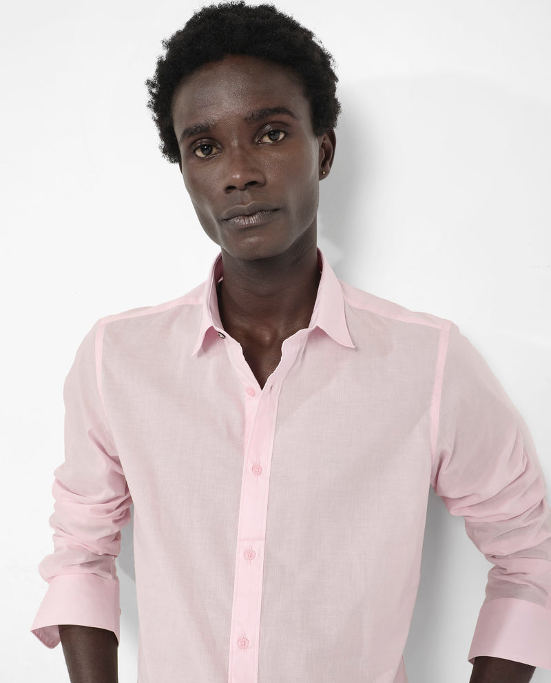 Rare Rabbit Men's Fullsleen Pastel Pink Cotton Fabric Full Sleeves Collared Neck Regular Fit Solid Shirt