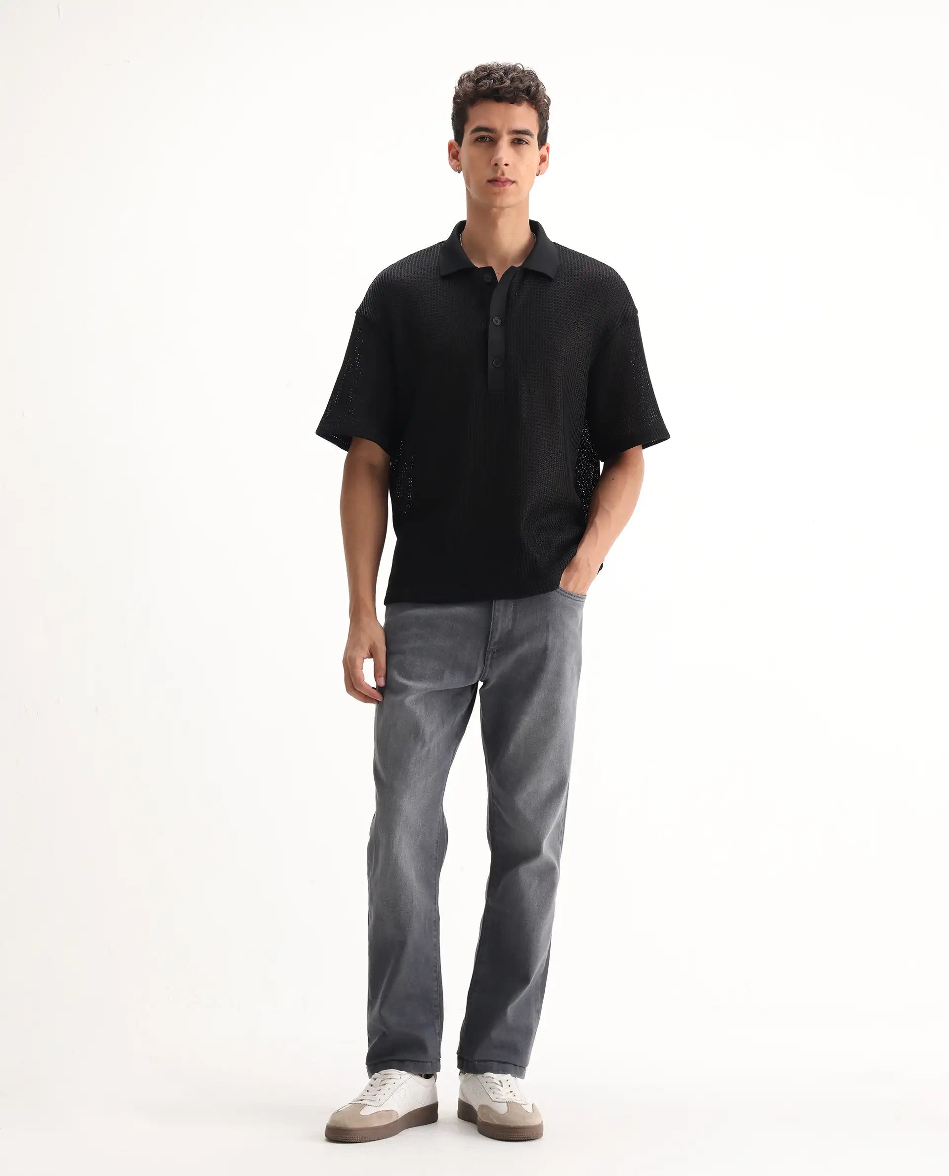 Rare Rabbit Men's Fyod Grey Cotton Plain Morris Regular Fit Jeans