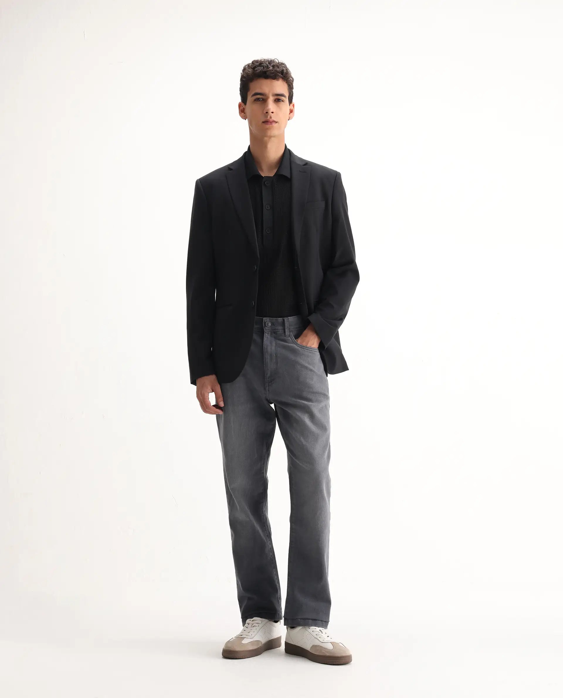 Rare Rabbit Men's Fyod Grey Cotton Plain Morris Regular Fit Jeans