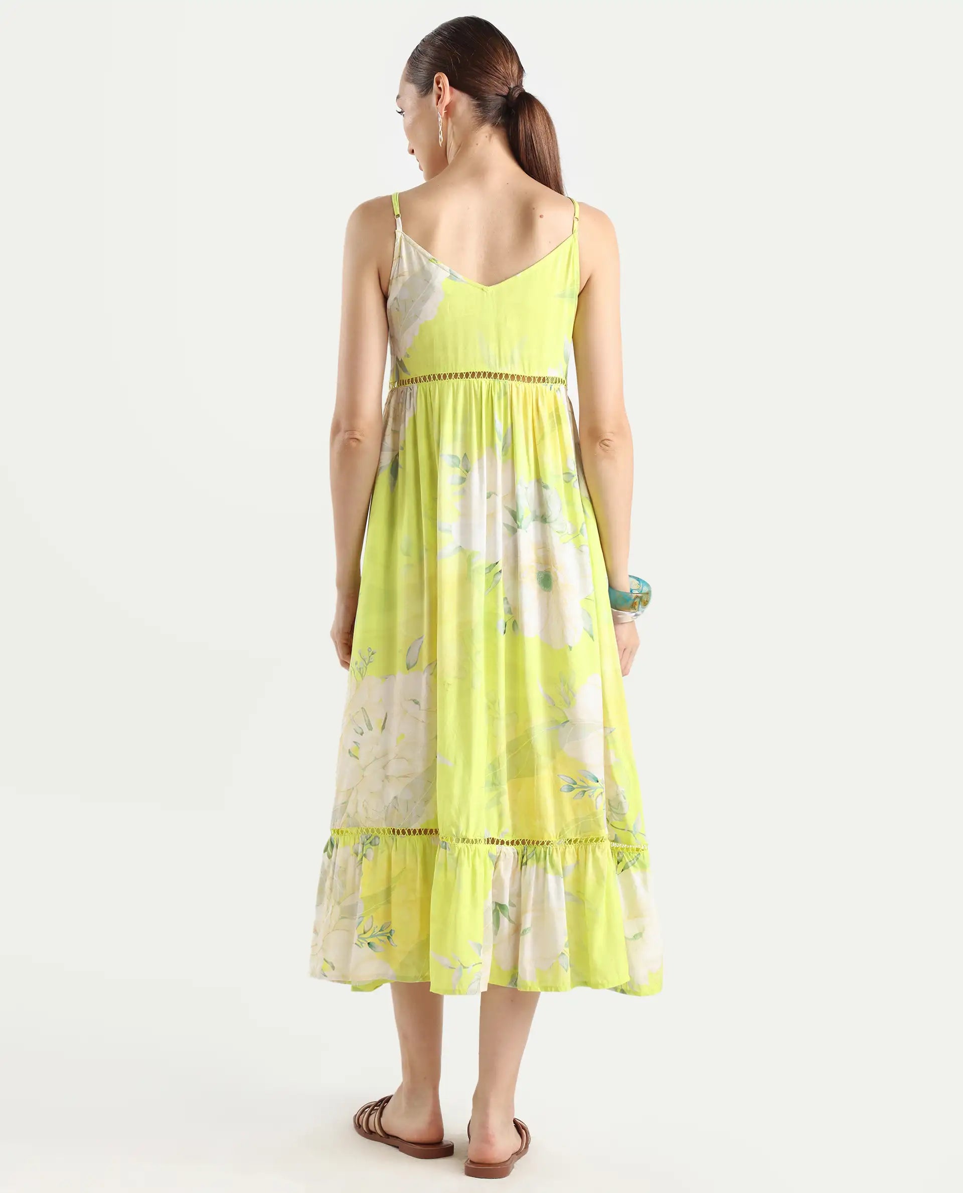 Rareism Women's Galina Flouroscent Green Viscose V-Neck Floral Print Shoulder Strap Maxi Fit And Flare Dress