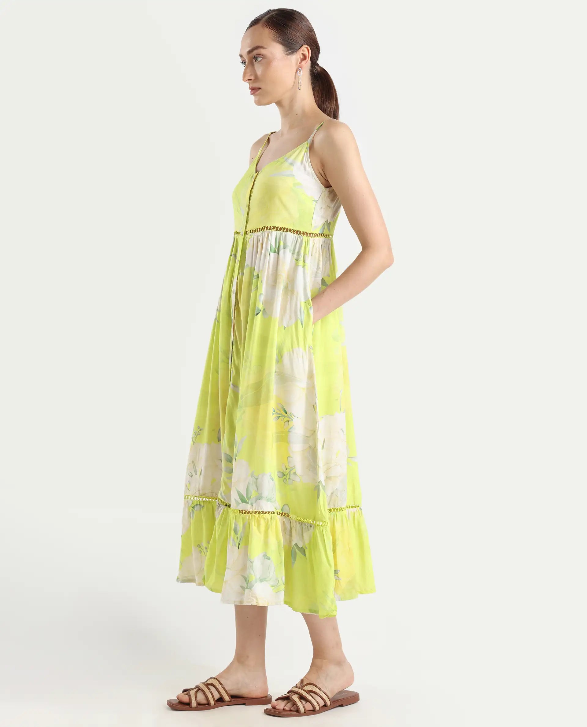 Rareism Women's Galina Flouroscent Green Viscose V-Neck Floral Print Shoulder Strap Maxi Fit And Flare Dress