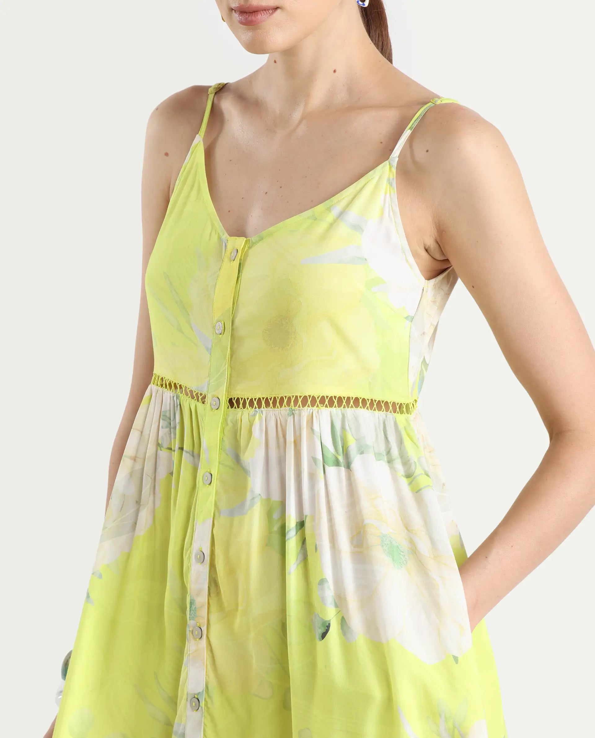 Rareism Women's Galina Flouroscent Green Viscose V-Neck Floral Print Shoulder Strap Maxi Fit And Flare Dress