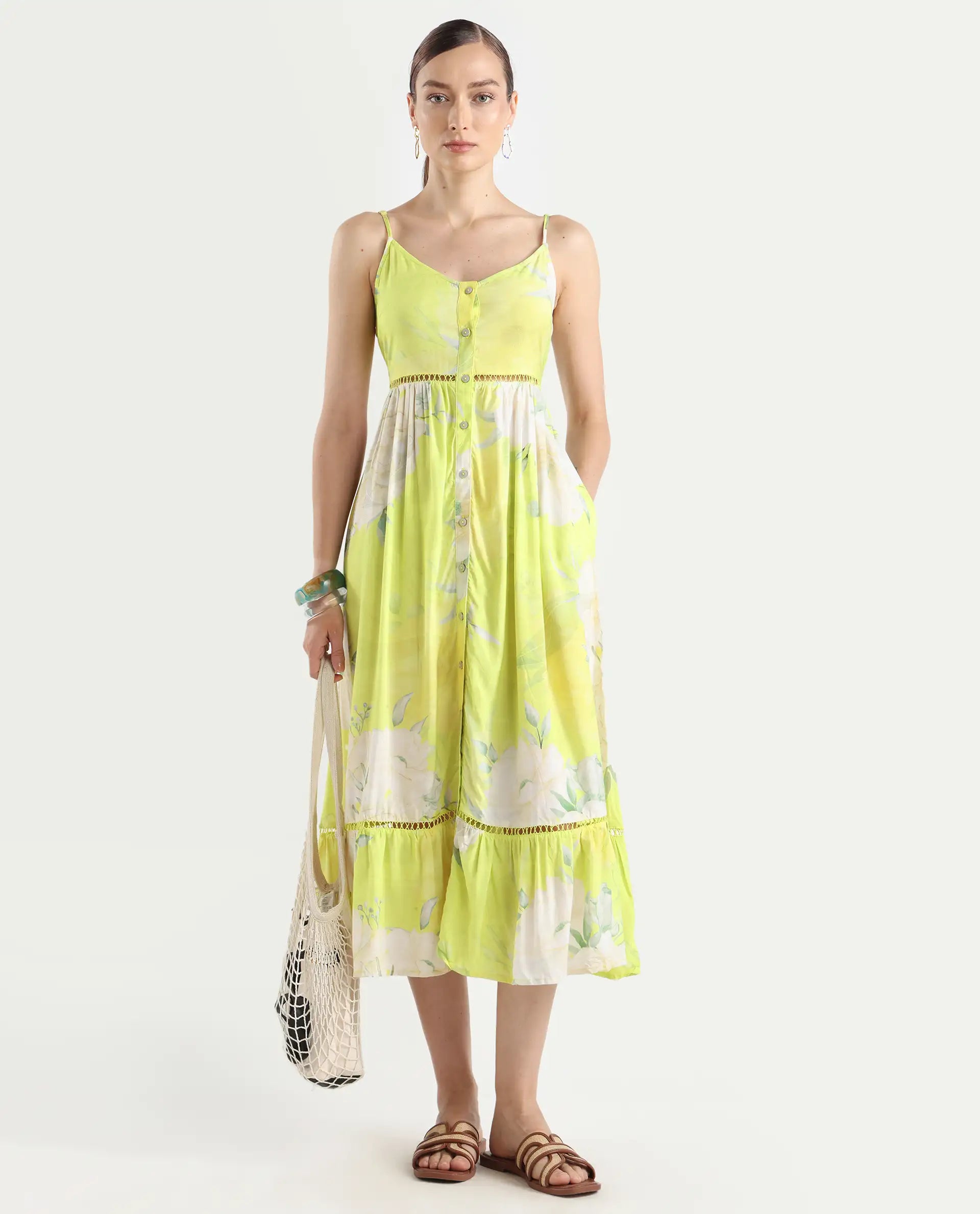 Rareism Women's Galina Flouroscent Green Viscose V-Neck Floral Print Shoulder Strap Maxi Fit And Flare Dress