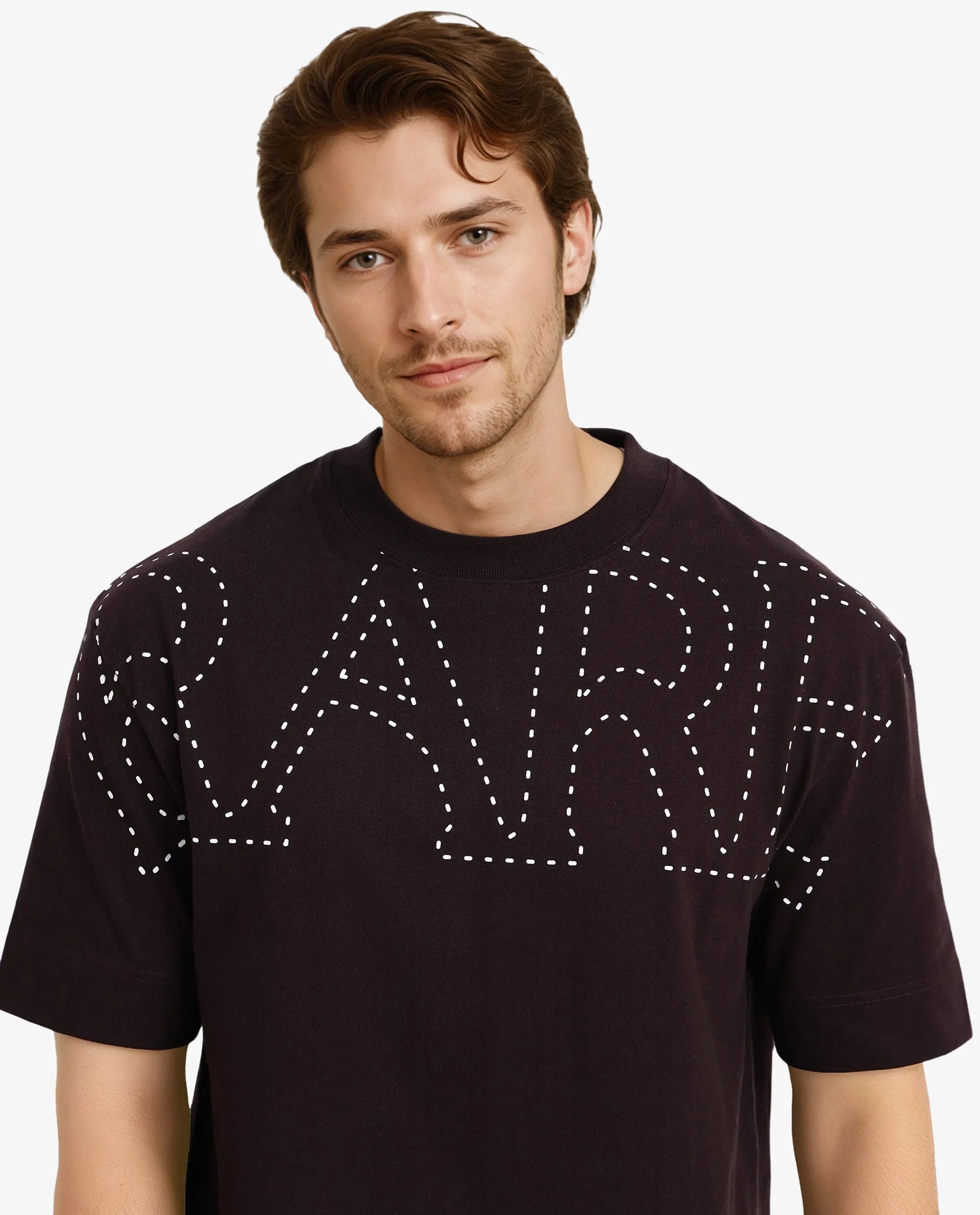 Rare Rabbit Men Galloway Dark Brown Cotton Fabric Short Sleeve Crew Neck Oversized Fit Typo Graphic Print T-Shirt